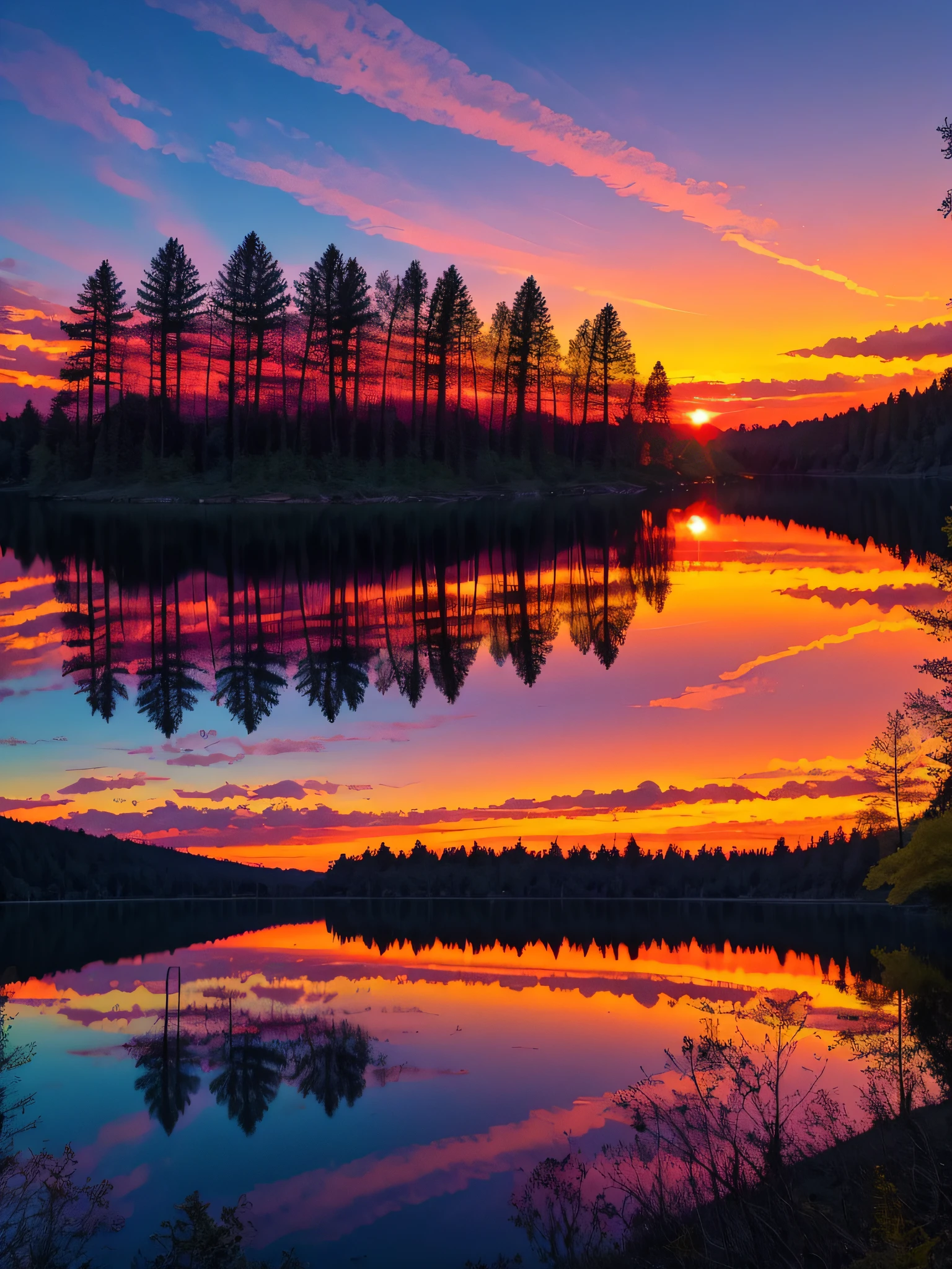 there is a beautiful sunset with a lake and trees in the background, colorful skies, surreal colors, colorful sunset, colorful sky, marvellous reflection of the sky, stunning sky, dream like atmosphere 8k, colorful clouds, colors reflecting on lake, surreal sky, red and blue reflections, fire reflection, beautiful sky, beautiful and spectacular dusk, beautiful dreamy landscape, amazing sky