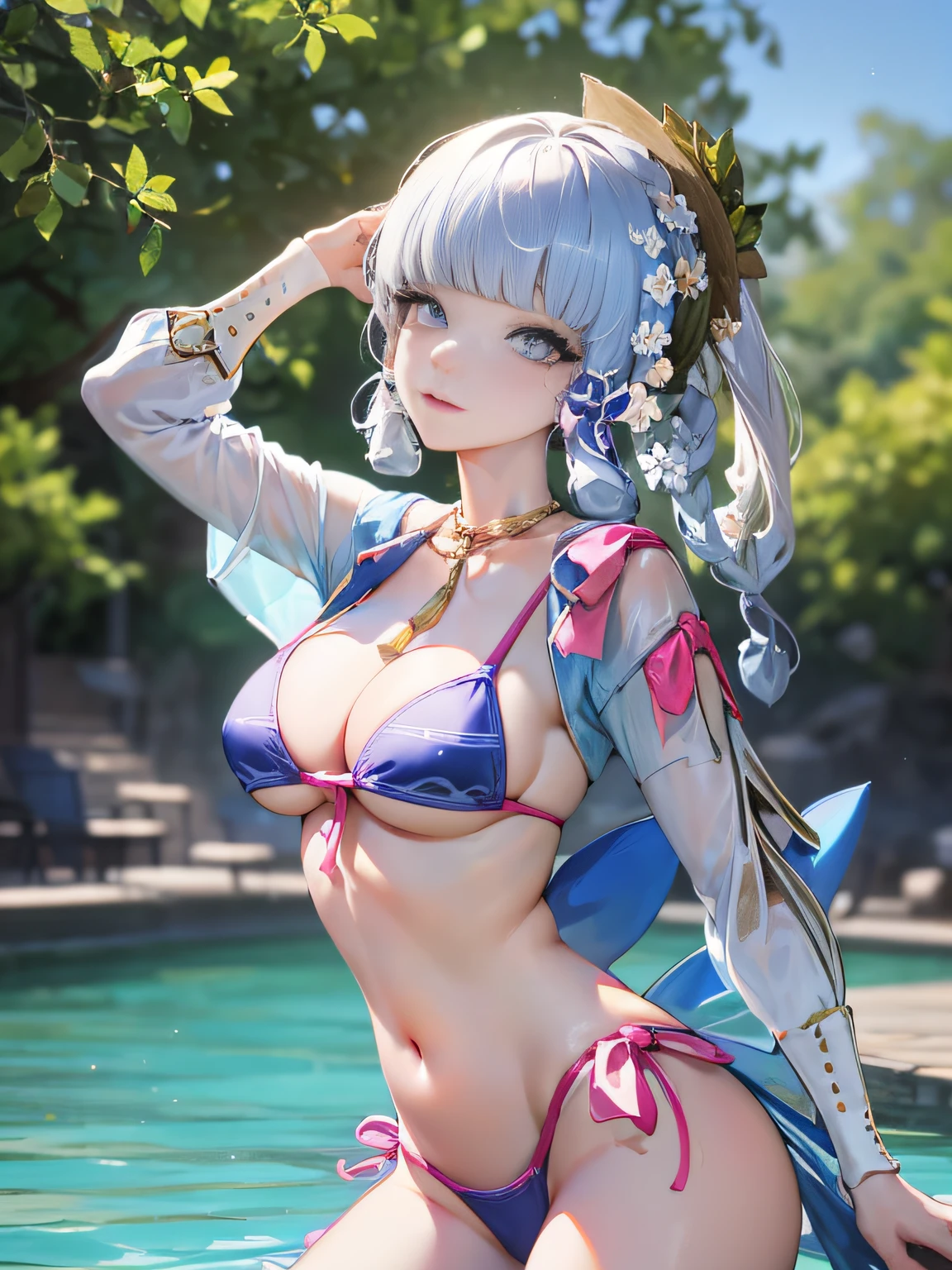 (NSTDA.:1.2), (10, beste-Qualit, master-piece: 1.4), ultra-high resolution, (lifelike, photorealistic portrait: 1.48), 20 age, Cute Girl, (See through the microcolor bikini beetle:1.48), Famous Japanese actors, (hair over one eye:1.3), Blue Eyes, Head tilt, cowboy shot, from the side, looking at the audience, expressionless, Beautiful lake, Zeiss 150mm F/ 2.8 Hasselblad, Whole body, foot, Ultra-Wide Angle