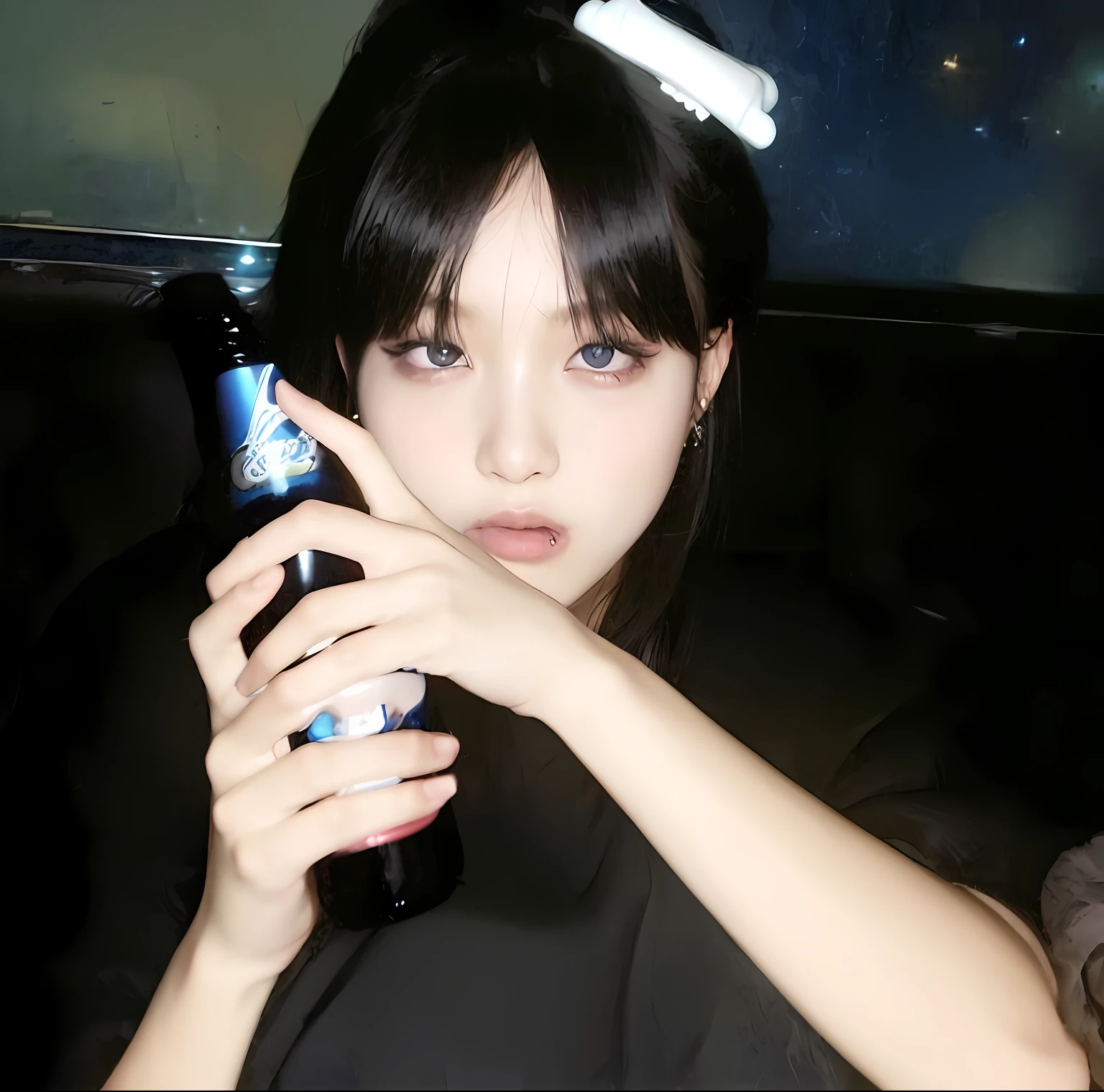 There was a woman holding a bottle of beer in her hand, She has black hair,By bangs, anime girls drink Energy drink, ulzzangs, Shin Jinying, sui ishida with black hair, drinking a drink, jossi of blackpink, cruel korean goth girl, goth girl aesthetic, shikamimi, lalisa manoban of blackpink