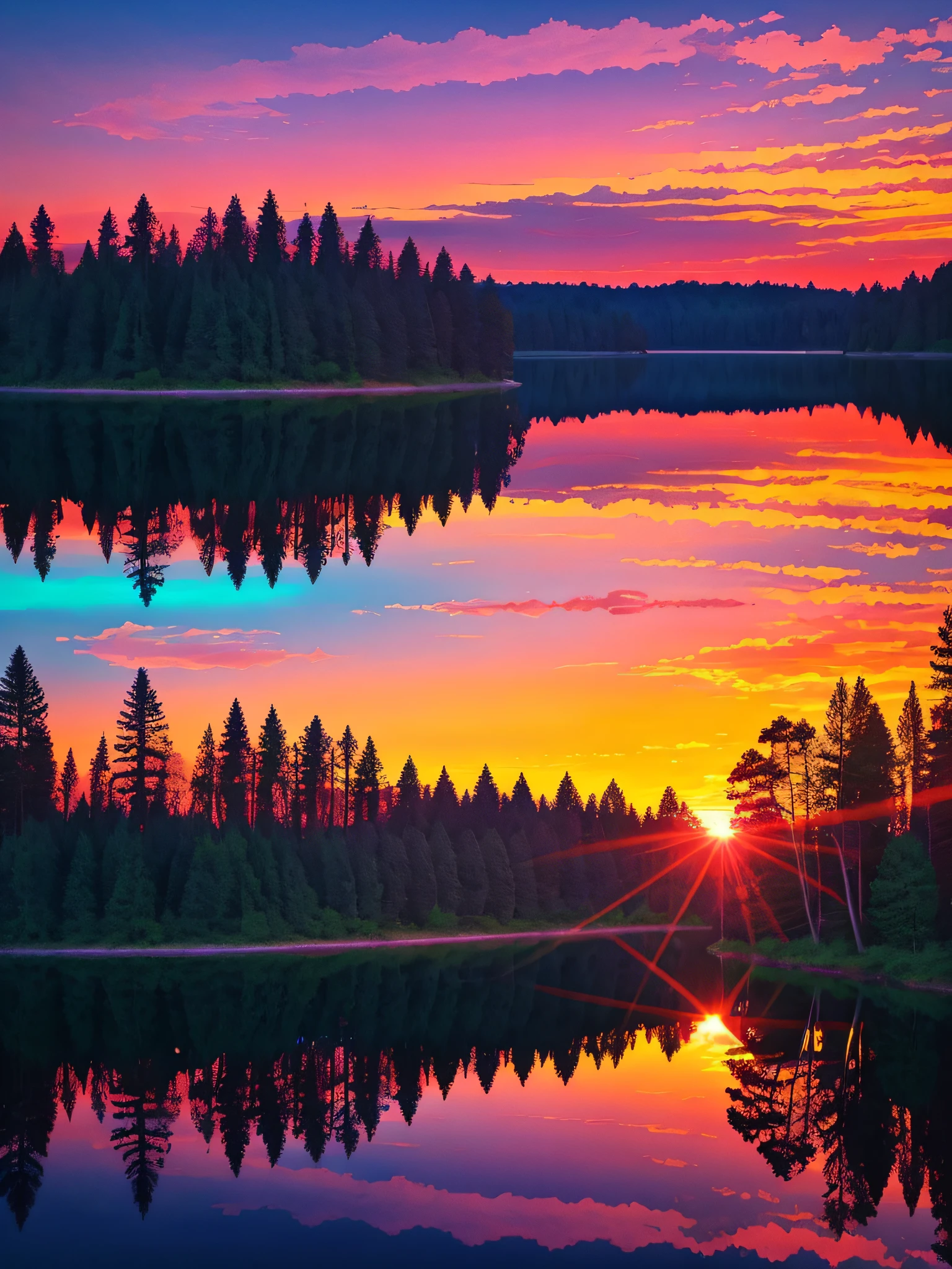 there is a beautiful sunset with a lake and trees in the background, colorful skies, surreal colors, colorful sunset, colorful sky, marvellous reflection of the sky, stunning sky, dream like atmosphere 8k, colorful clouds, colors reflecting on lake, surreal sky, red and blue reflections, fire reflection, beautiful sky, beautiful and spectacular dusk, beautiful dreamy landscape, amazing sky