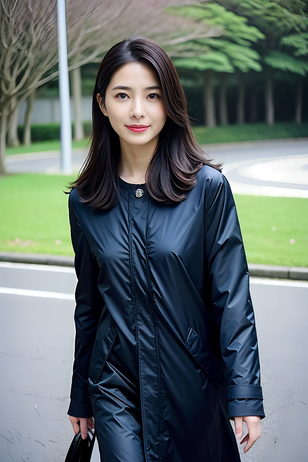 (top-quality、超A high resolution:1.2) (Glossy dark blue nylon coat:1.2) 、Photos of beautiful Japan women、a park