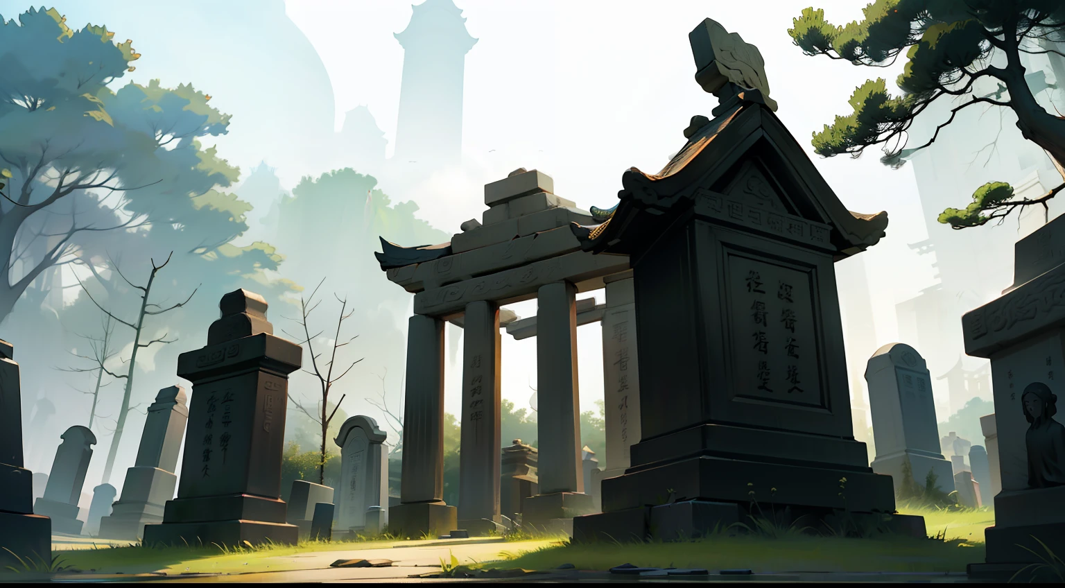 1. (1人)Three ghosts linger around the tomb (Background with:A gloomy cemetery in ancient China)