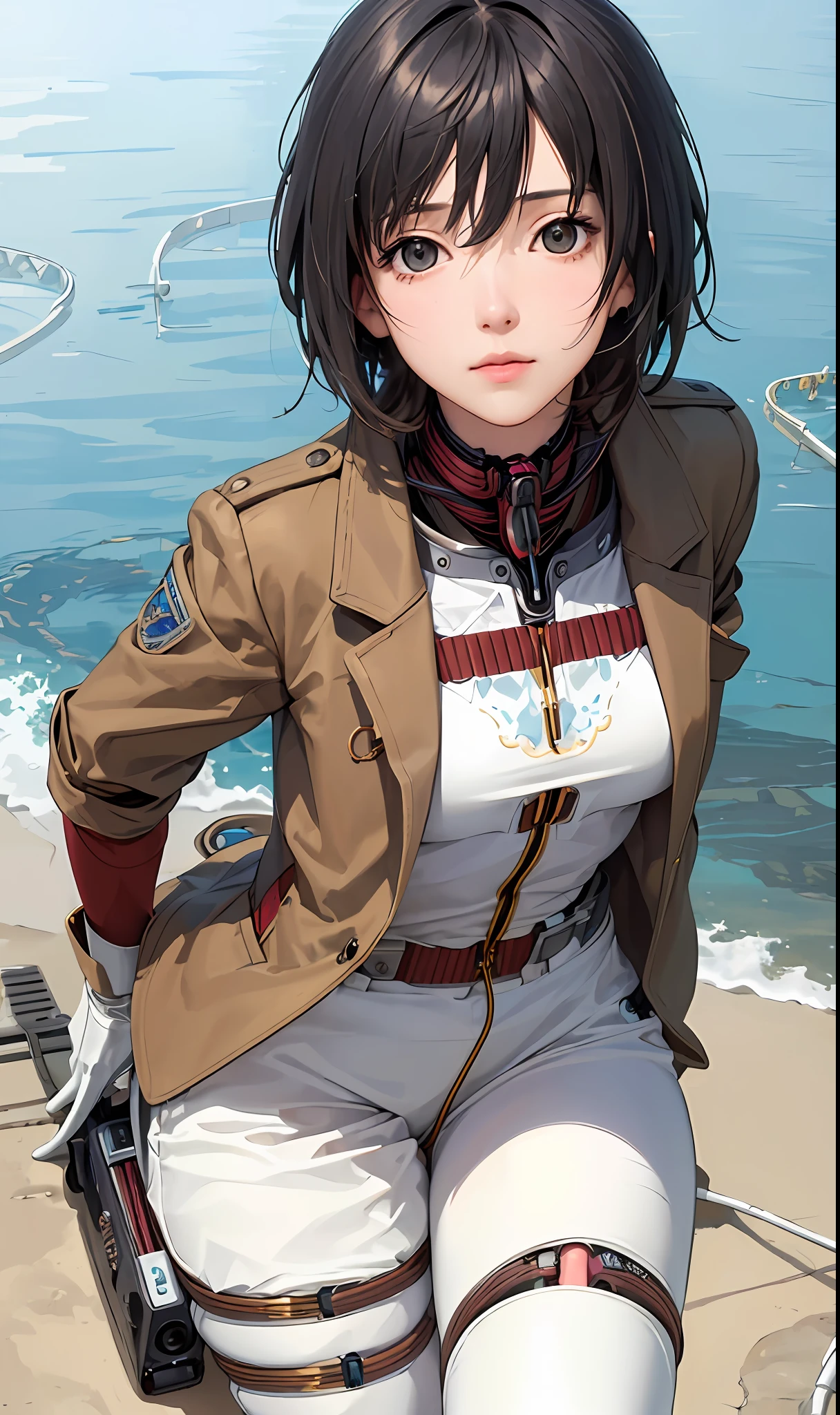 (((masterpiece))), (((best quality))), ((ultra-detailed)), (highly detailed CG illustration), ((an extremely delicate and beautiful)),(cute delicate face),cinematic light,((1mechanical girl)),solo,full body,(machine made joints:1.4),((machanical limbs)),(explosed muscles),(blood vessels connected to tubes),(a brain in container:1.3),((mechanical vertebra attaching to back)),((mechanical cervial attaching to neck)),((sitting)),expressionless,(wires and cables attaching to head and body:1.5),small breasts,short hair,(character focus),science fiction