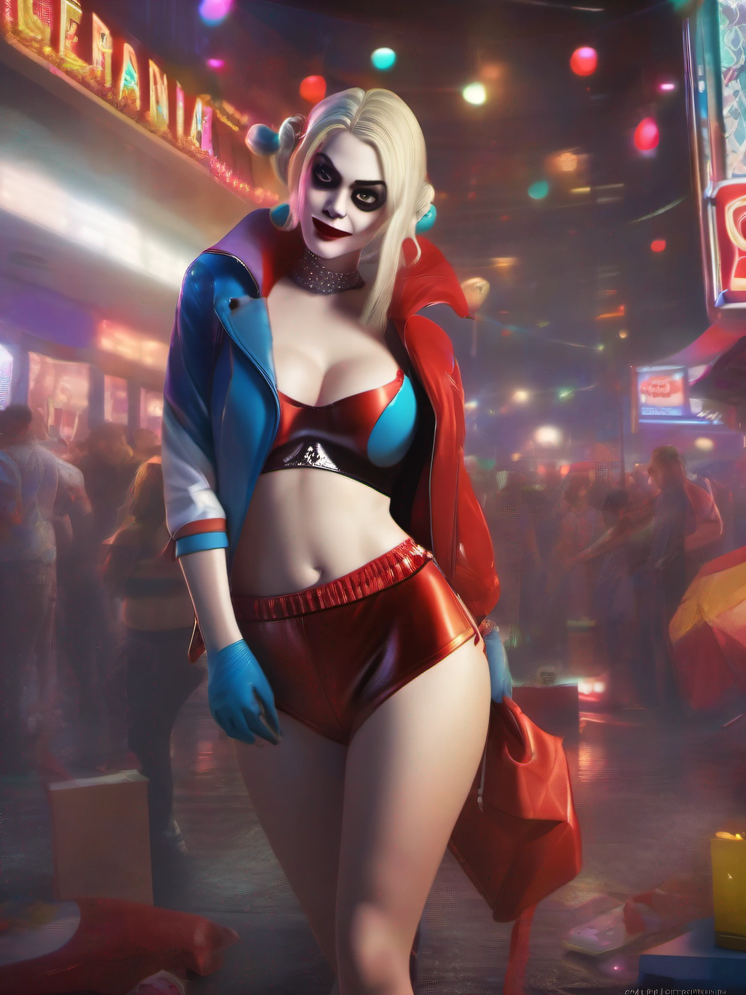 Harley Quinn from DC, melting clothes, big breasts, frontal, full-length, looking at the camera, facing the audience, standing pose, carnival background, three-dimensional light, detailed full-body concept, sleek digital concept art, beautiful full-body concept art, art trend, CGsociety full-length,