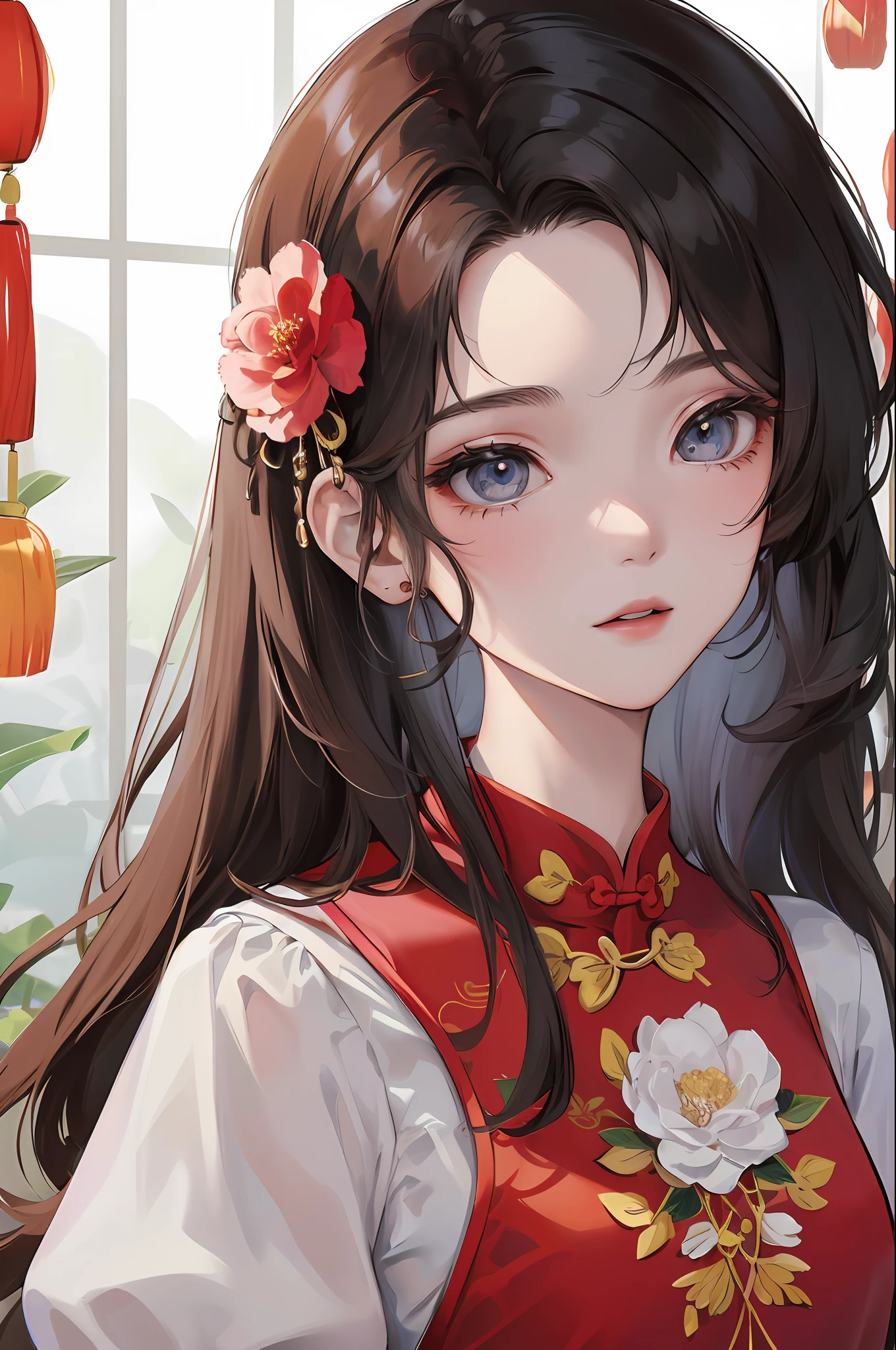 high high quality,tmasterpiece,Delicate facial features,Delicate hair,Delicate eyes,A cartoon illustration (girls)in a (Red Chinese cheongsam)The style of Chinese cheongsam, China Cheongsam,Chinese clothes,hair flower,(Wear like a Chinese bride),Chinese weddings,lanterns,mixed patterns,Close up,Charming character illustrations, Folklore - S 400,8K high quality detailed art(Delicate facial portrayal)(Fine hair portrayal)(highest quality)(Master masterpieces)(High degree of completion)(a sense of atmosphere)8k wallpaper,tmasterpiece,Best quality at best,ultra - detailed