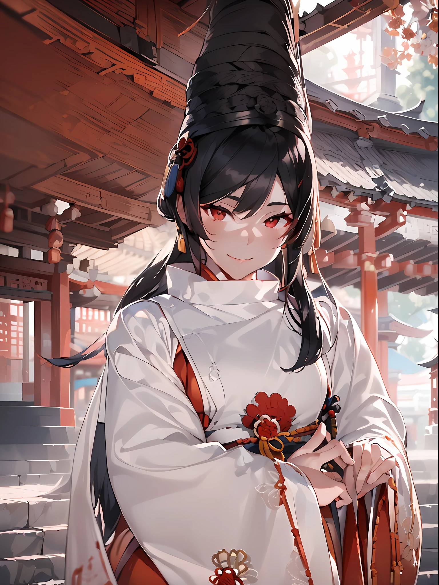 Best Quality)),((Beautifully painted)),((Extremely delicate and beautiful)),((​masterpiece)),((delicate and intricate hair)),((Detailed beautiful eyes)),((hight resolution)),((very precise details)),((very fine 8KCG wallpaper)),(Dynamic angles),(Professional Lighting),((Onmyoji)),1girl in,((Woman with a well-formed beautiful face and body)),((((white Suikan)))),(((red hakama))),(((one black tate_eboshi))),(((portraitures))),((A dark-haired)),(( Big beautiful red eyes)),(a smile),looking viewer,((from front)),tilt your head、folding fan、White petals scattered、strong breeze、shrines、the setting sun