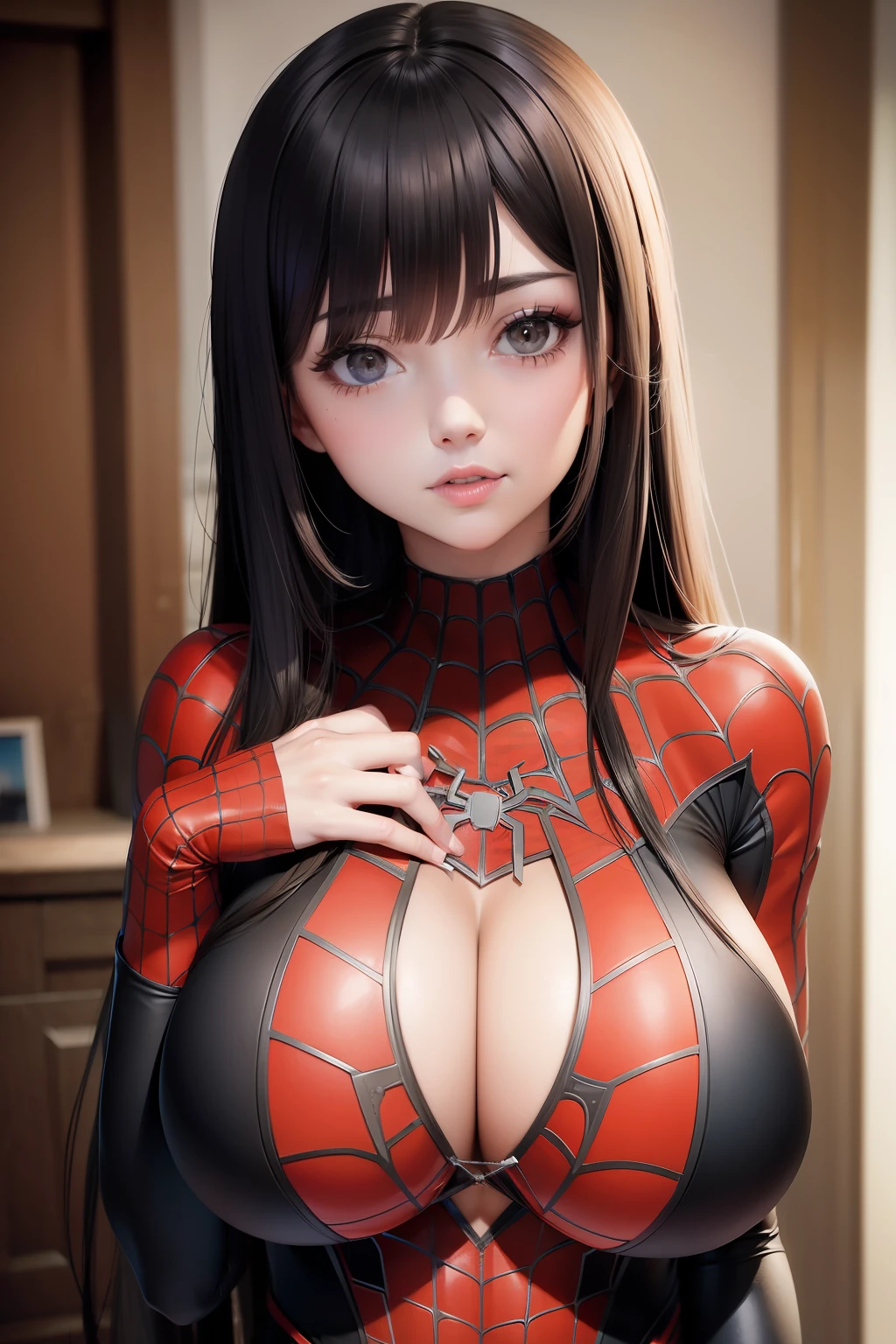 Raw foto,Beautiful woman ,detailed the outlined body with Spider-Man cosplay, very large breasts,tits big
