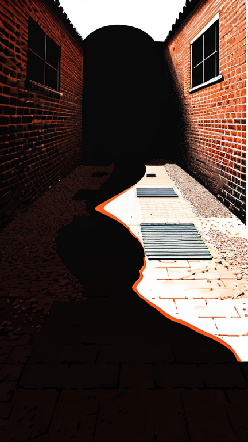 Brick walls, center straight composition, vanishing point perspective, inspired by Ryoji Ikeda, point perspective, one-point perspective, one-point perspective, 1-point perspective, Deep lines and shadows, multi-point perspective, deep 3 point perspective, Ink follows movement, hand-drawn animation, one-point perspective