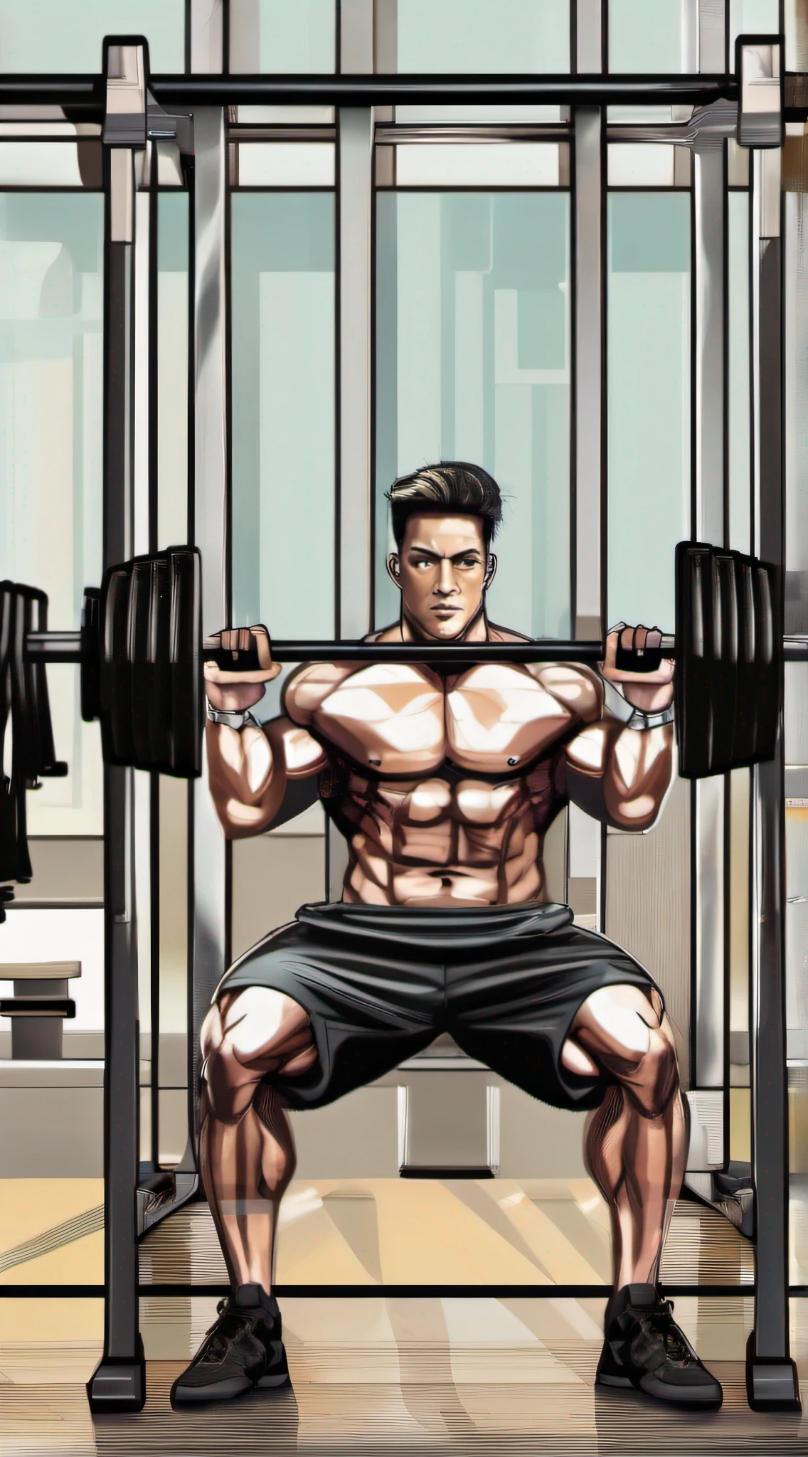 This fitness wallpaper shows a healthy man doing weight training in a gym。He stood in front of an iron frame，Hold the heavy barbell with both hands。His muscle lines are clearly visible，Sweat drips from their foreheads，Show his determination to work hard。in the background，Other equipment and exercisers in the gym blur each other，It highlights the man's focus and perseverance。The main color of the whole wallpaper is black and metallic，It gives a sense of determination and motivation。