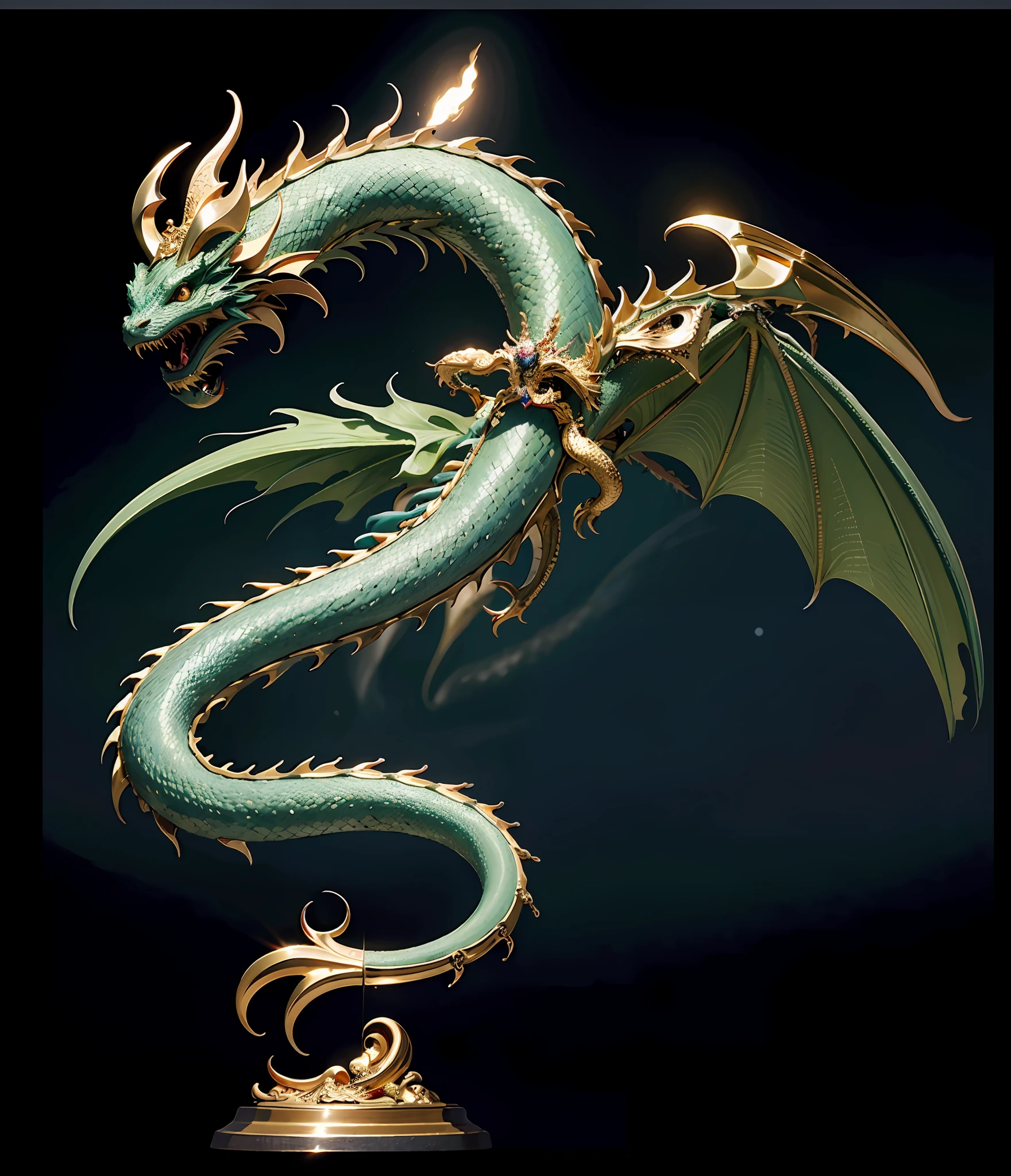 8k melhor qualidade, master part: 1.2, detalhes intrincados, ultra high-resolution), (Realistic), Hyper-detailed rendering, 8 k cg render, artistic work, obra de arte, gold-plated dragon wings, reluzentes, asas de ouro, dragon wings, estilo asas de morcego, magnificent wings, ((melhor qualidade)), ((obra-prima)), fundo todo preto, cor preta de fundo para Chroma key, no images behind, only the dragon, chroma key, fundo preto.