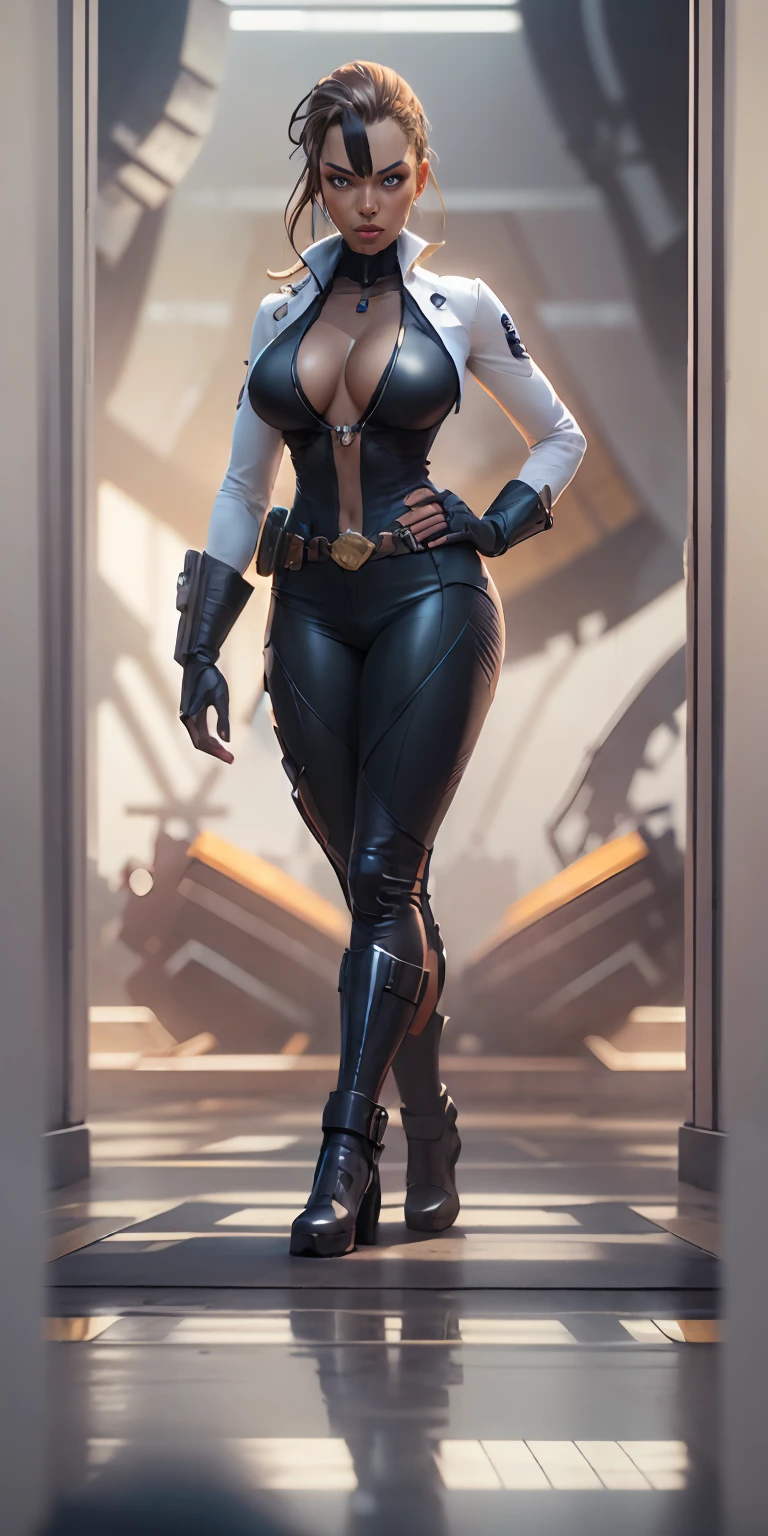 female Nick Fury from Marvel, big breasts, frontal, full-length, looking at the camera, facing the audience, standing pose, helicarrier background, three-dimensional light, detailed full-body concept, sleek digital concept art, beautiful full-body concept art, art trend, CGsociety full-length,
