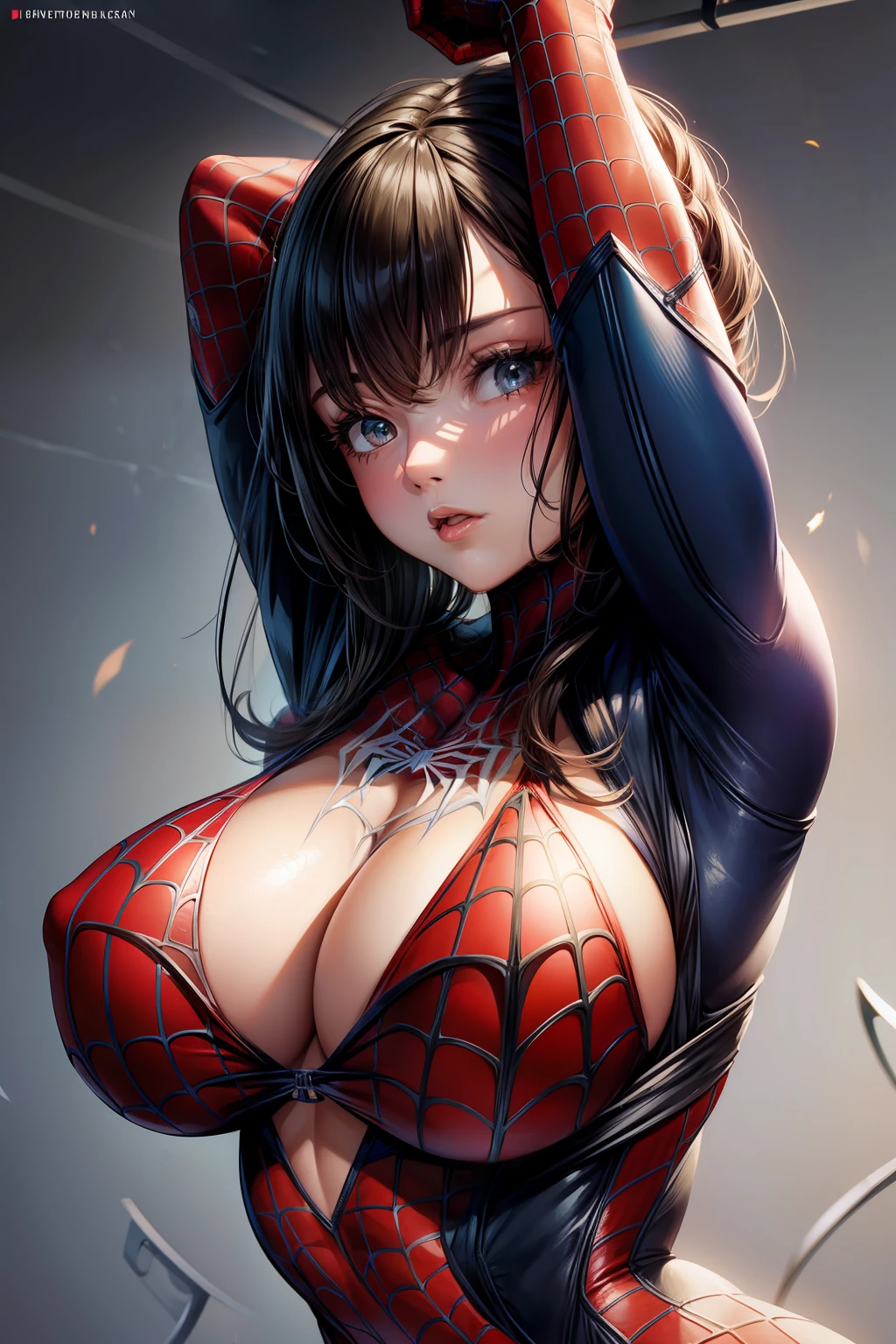 Raw foto,Beautiful woman ,detailed the outlined body with Spider-Man cosplay, very large breasts,tits big