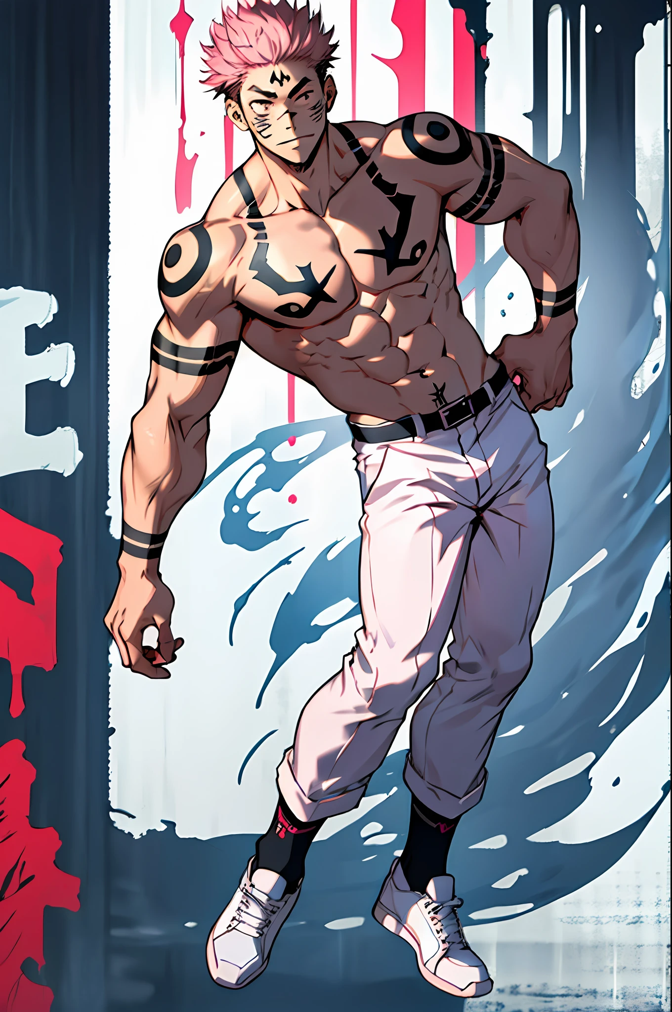 Best quality, Masterpiece, Expressionless, 超高分辨率, Detailed background, Man, Solo, toned male, Short hair, Sukuna a man with pink hair and shirtless, tattoo_ryoumen, tattoo_On_his_face, face to the viewer,Full body photo,Black socks
