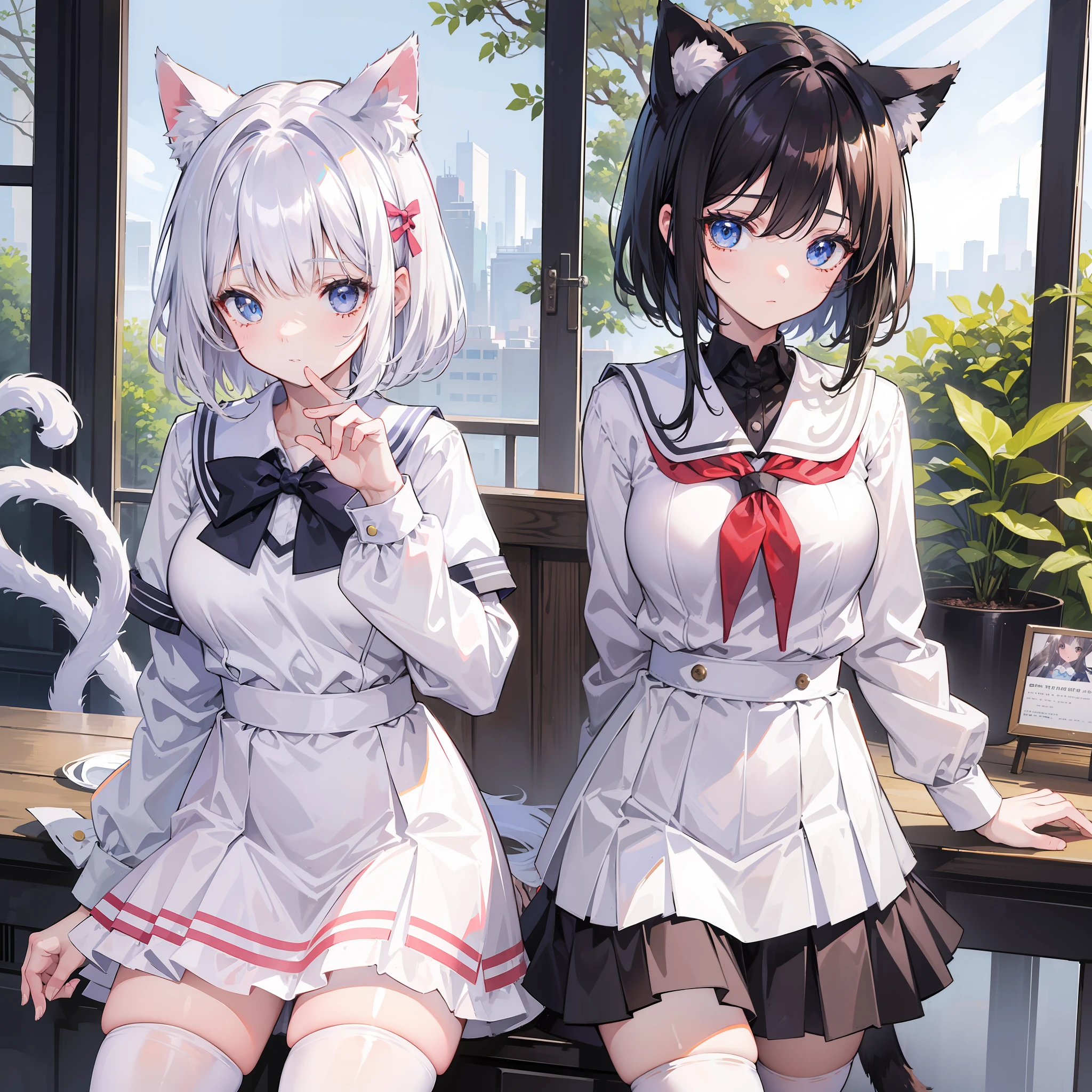 (Best quality),(Detailed), (2 girls),Kizi,a cat tail,There are cat ears on the top of the head,white thighhighs, short detailed hair,Medium breasts,JK school uniform