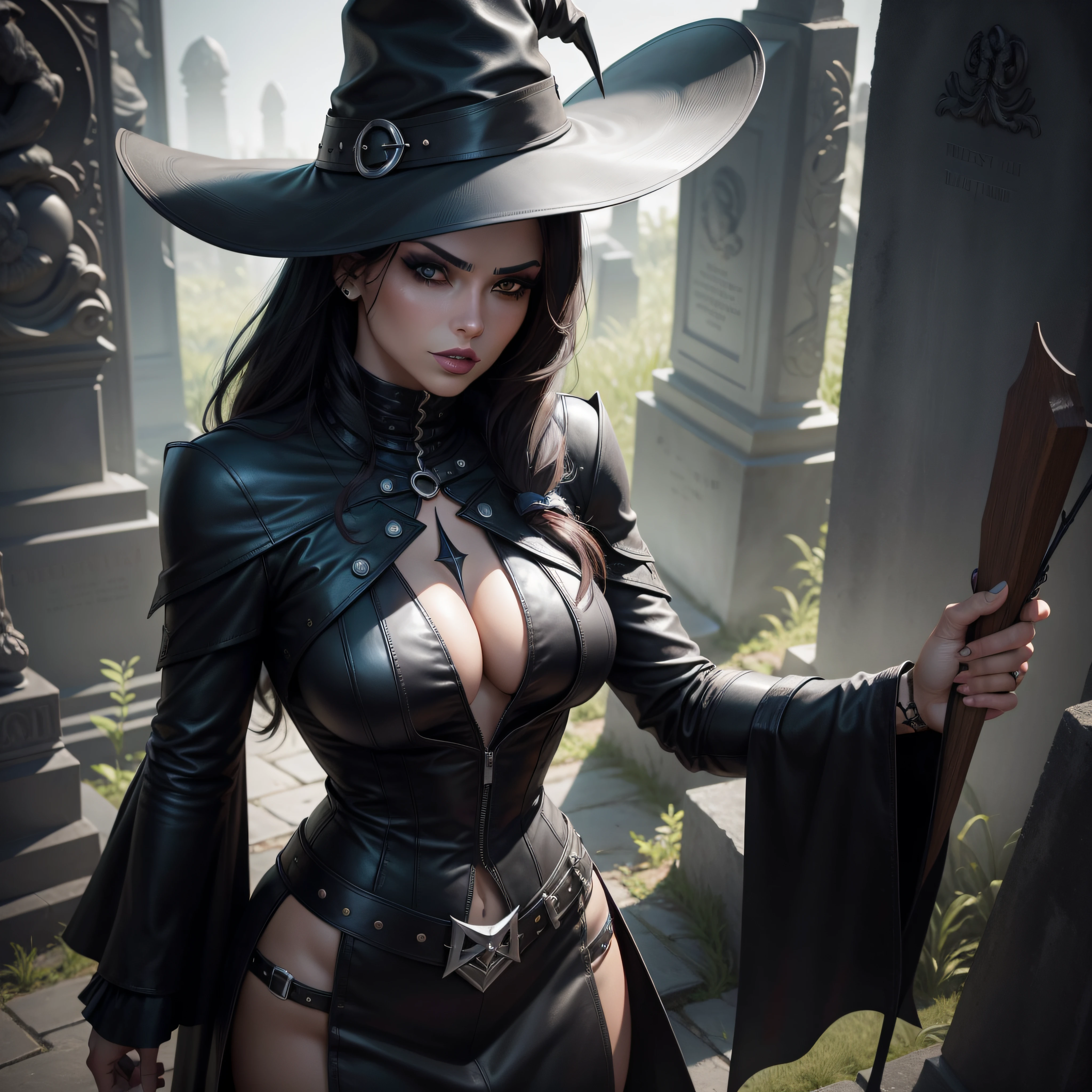 Witch in a black leather outfit and hat standing in front of a tombstone, personagem bruxa escura, bruxa escura da moda, supervillain sorceress witch, wlop e artgerm, classical witch, Artgerm extremamente detalhado, Aly Fell e Artgerm, retrato lateral bruxa escura, Retrato de uma feiticeira, estilo artgerm, bruxa feiticeira do mal