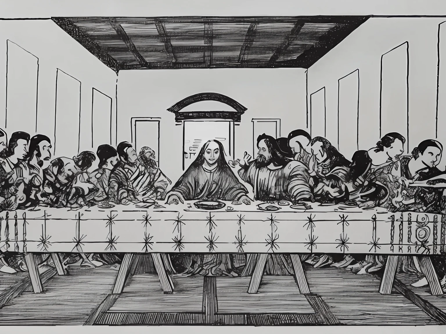 Arafed desenho de um grupo de pessocomo sentadcomo em uma mesa, called 'the last supper', last supper composition, the last supper, last supper, !!Posando_como_Lastly_ceia, the last supper painting, No Estilo Da Vinci, inspirado em Vittore Carpaccio, Alien as at the Last Supper, dnd last supper, last supper realistic robot, rosto estilo da vinci,