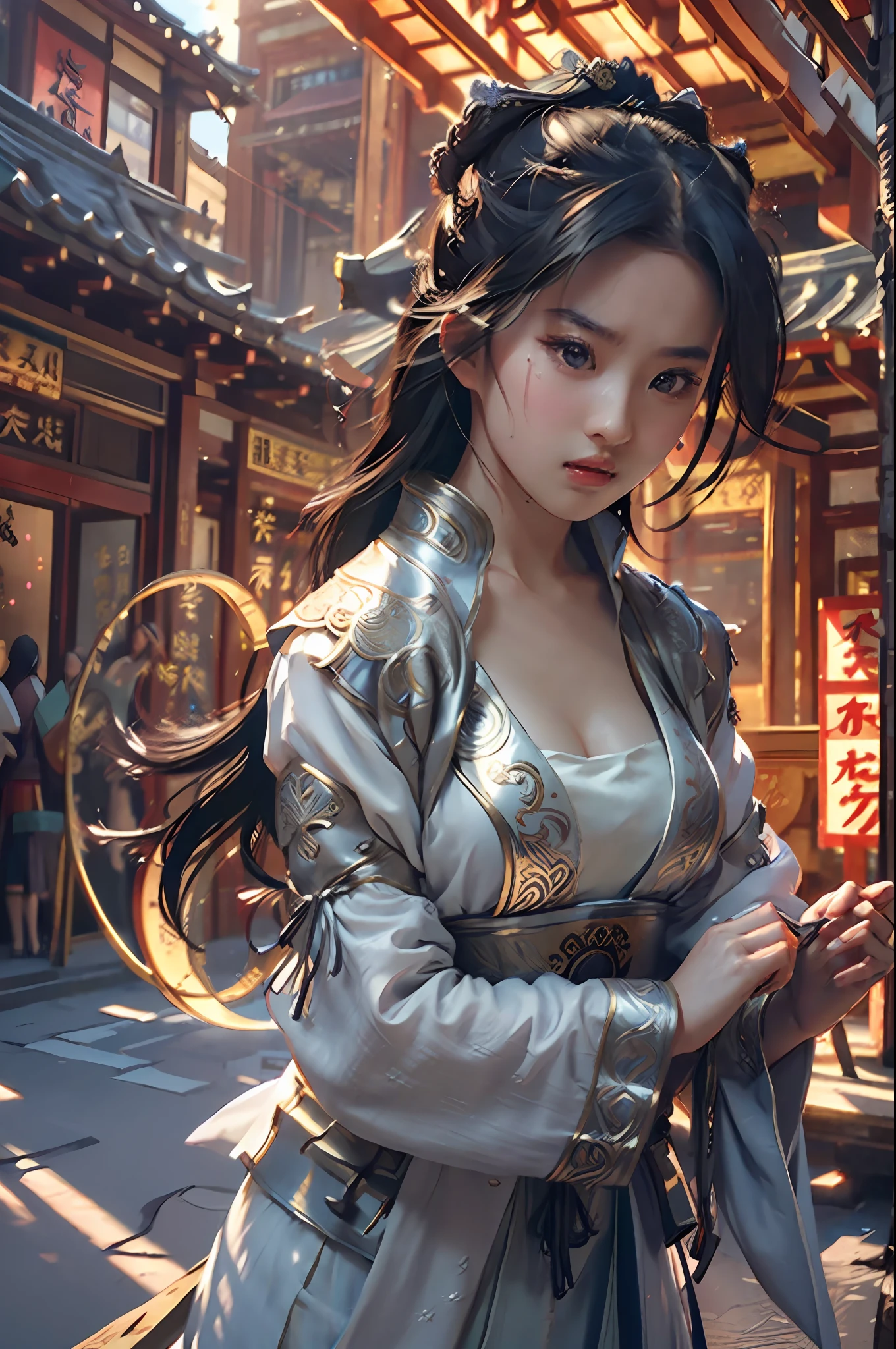 Best quality,masterpiece,ultra high res,(photorealistic:1.4),xiuxian,weapon,Detailed face, liuyifei, 1girl,solo,weapon,cleavage,(magic circle:1.2),xiuxian,upper body,Beautiful girl,full body,east asian architecture,sheath,architecture,