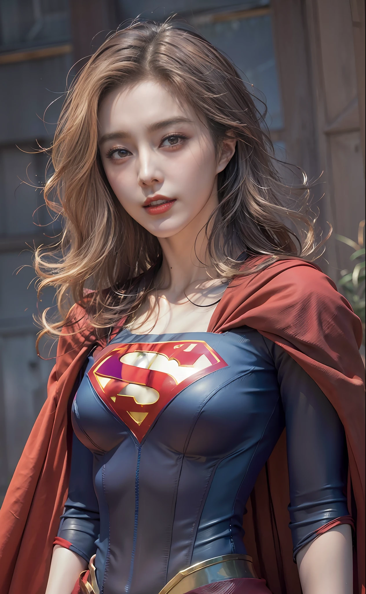 half-length,1girl,(Perfect figure,be tall and slim),solo,standing,(outdoor:1),sky,Focus on the face,Beautiful face,Detailed delicate young face,supergirl, (Super girl suit:1.5),Jumpsuit,(huge breasts,Big tits,Big breasts:1.3),thigh gap,camel toe
realistic style,vivid picture,masterpiece, (best quality:1.2),ultra-detailed,realistic,High definition,High quality,Cinematic Light,Ray tracing,ultra high res,UHD,(photorealistic:1.5),intricate details,detailed texture,finely detailed,High quality shadow