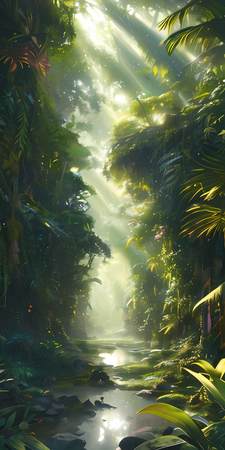 A humid tropical jungle, with heavy rain, monochrome, vines all around, giant wet trees, masterpiece, best quality, high quality, 8k CG wallpaper, extremely detailed, oil painting, award winning photography, Bokeh, Depth of Field, HDR, bloom, Chromatic aberration, photorealistic, extremely detailed, trending on artstation, trending on CGsociety, intricate, high detail, dramatic, mid-journey art, volumetric lighting. Image size: 960 x 536
