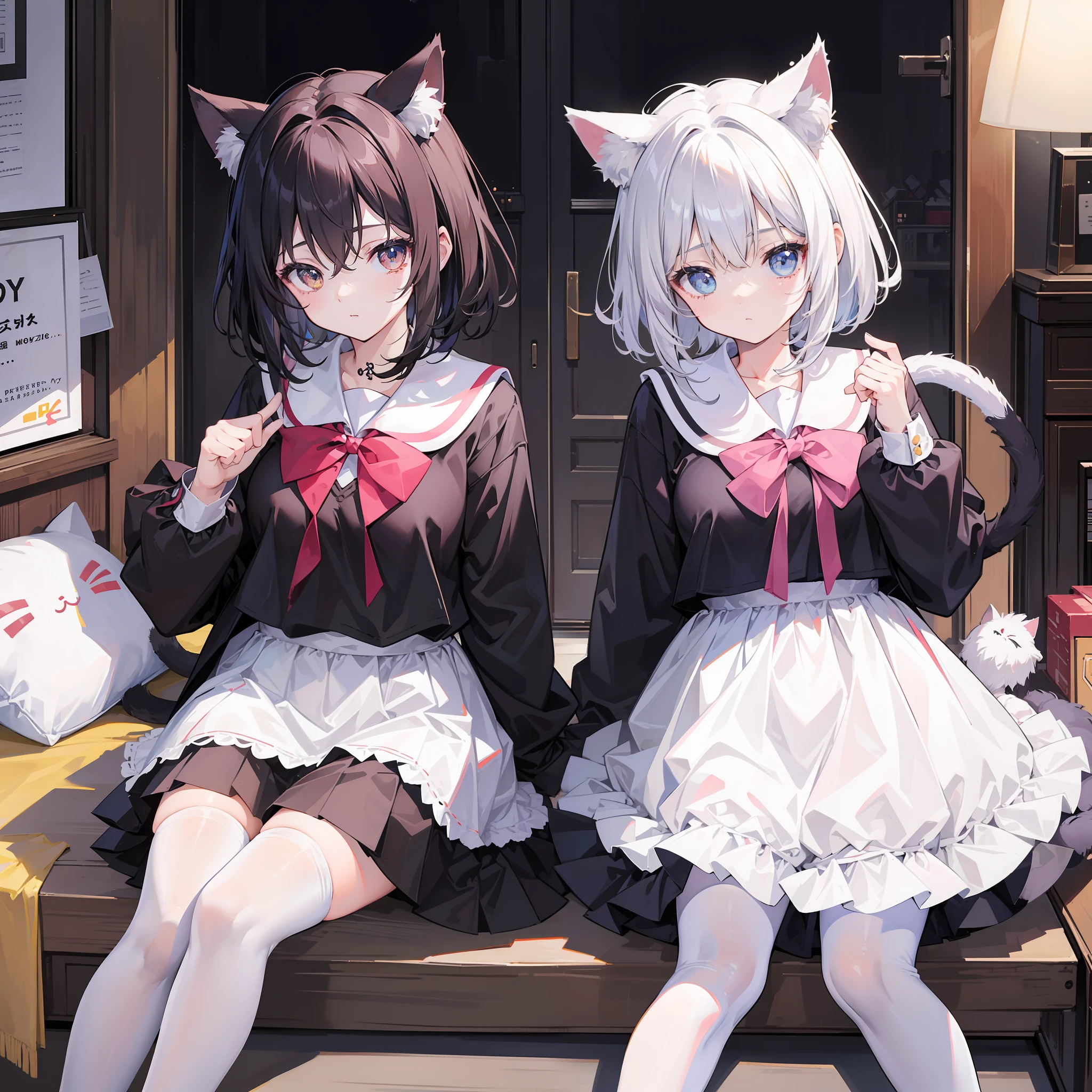 （Best quality)，（Detailed), (2 girls),Kizi，a cat tail，There are cat ears on the top of the head，white thighhighs, short detailed hair，Medium breasts，JK school uniform