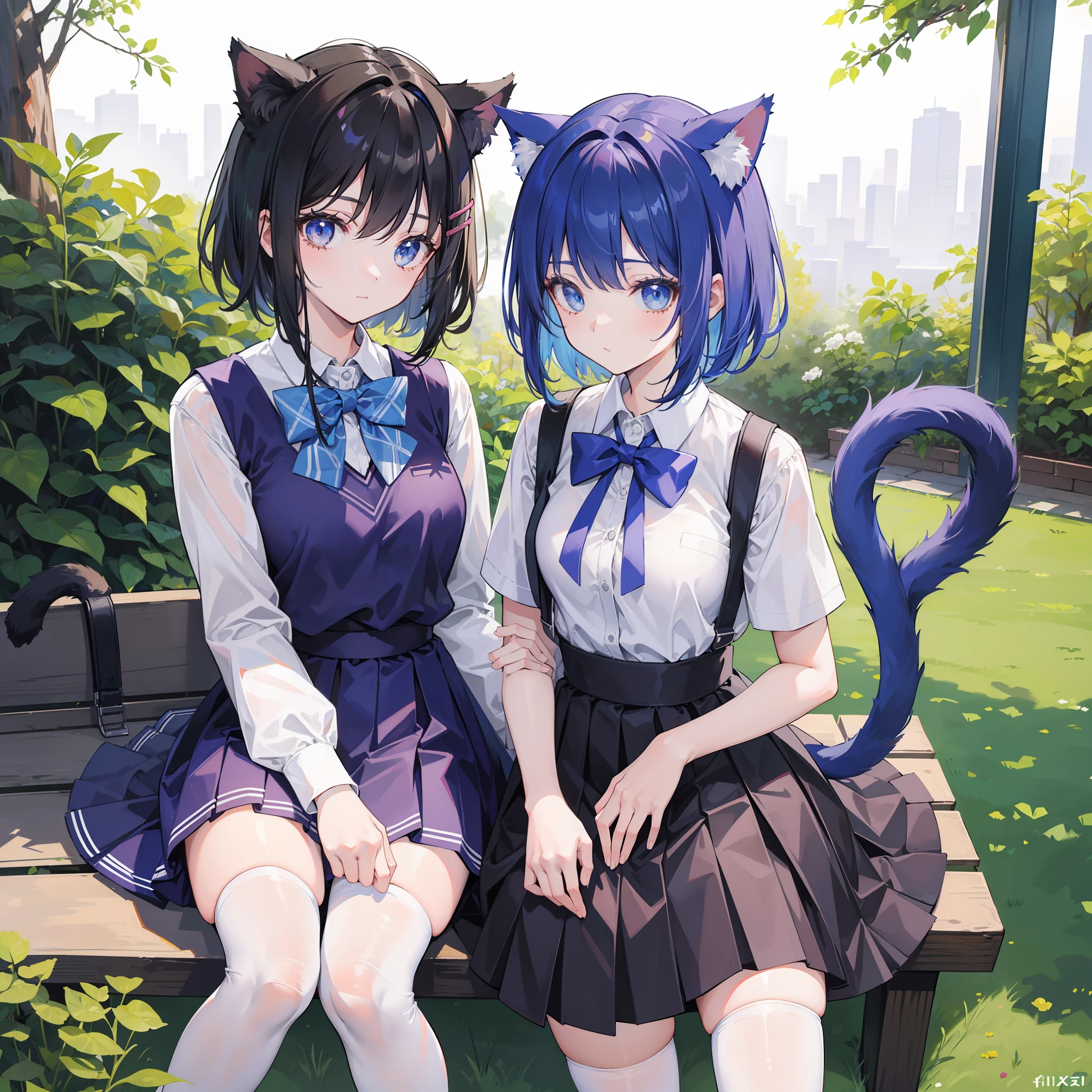 （Best quality)，（Detailed), (2 girls),Kizi，a cat tail，There are cat ears on the top of the head，white thighhighs, short detailed hair，Medium breasts，JK school uniform