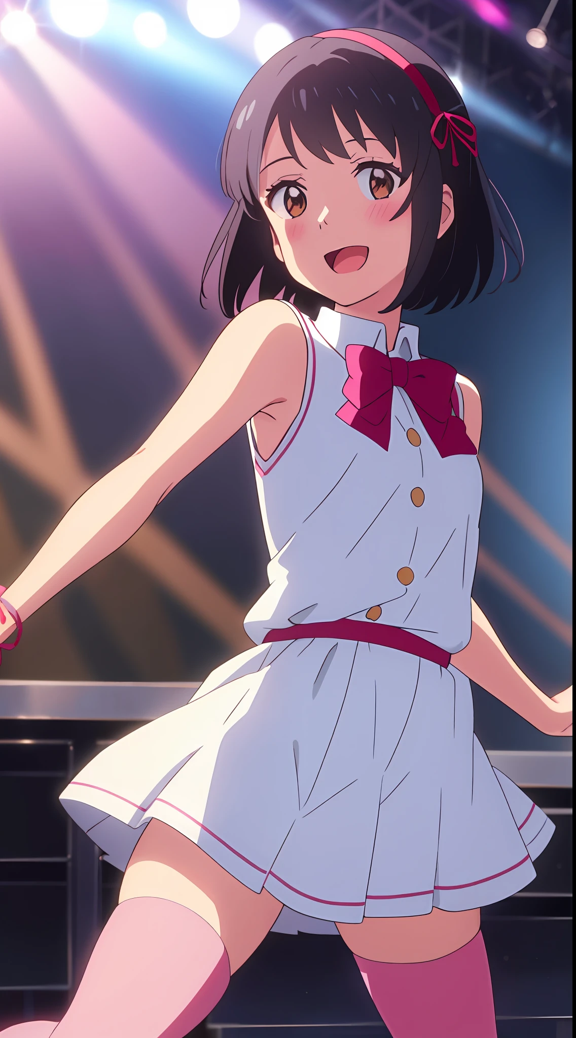 shinkai makoto, kimi no na wa., 1girl, bangs, black hair, blush, brown eyes, idol, idol clothes, pink dress, ribbon, white dress, black dress, black hair, red bow, red headband, red ribbon, short hair, smile, cute, solo, open mouth, singing, concert, stage, outdoors, dynamic pose, bare shoulders, thighhighs