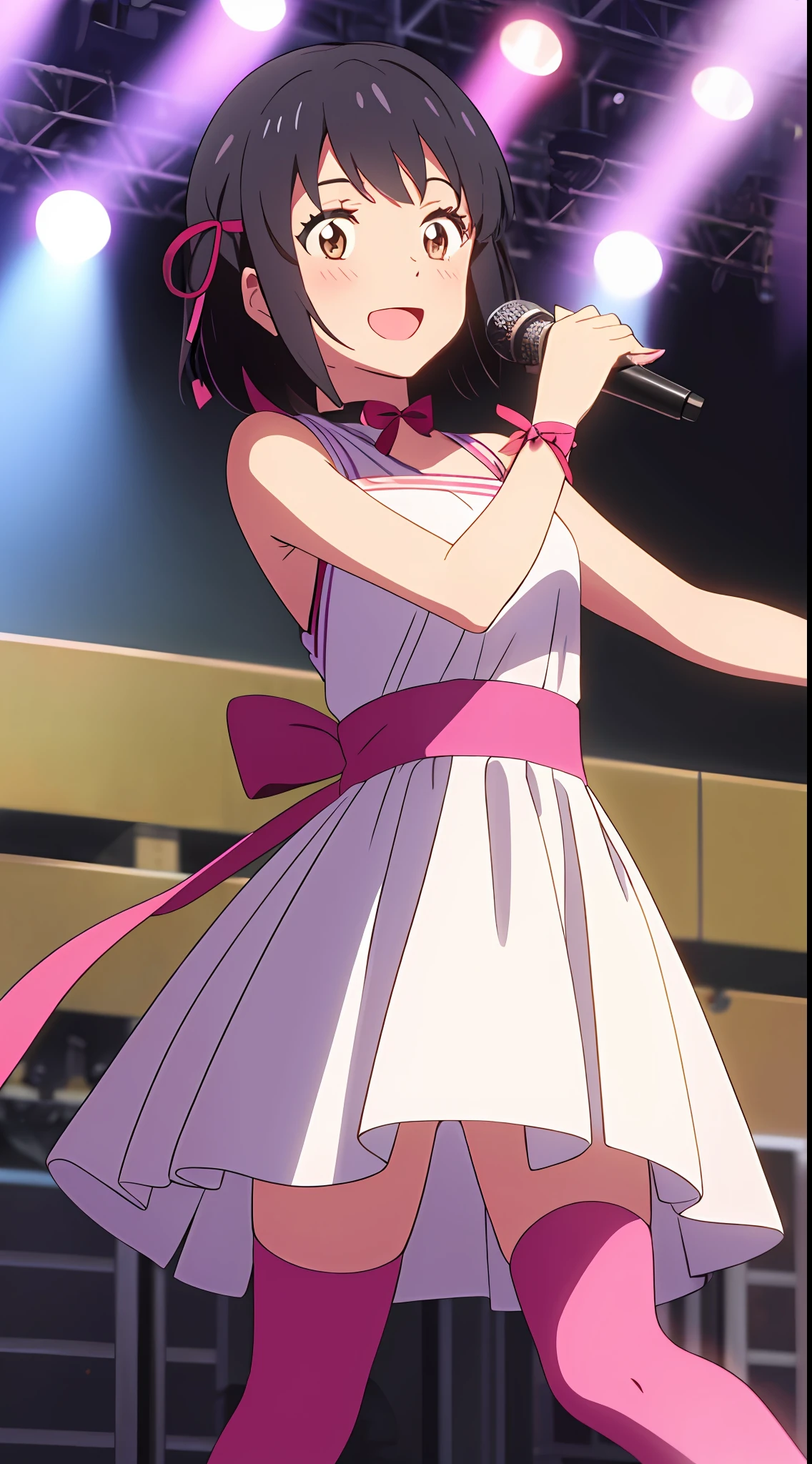shinkai makoto, kimi no na wa., 1girl, bangs, black hair, blush, brown eyes, idol, idol clothes, pink dress, ribbon, white dress, black dress, black hair, red bow, red headband, red ribbon, short hair, smile, cute, solo, open mouth, singing, concert, stage, outdoors, dynamic pose, bare shoulders, thighhighs