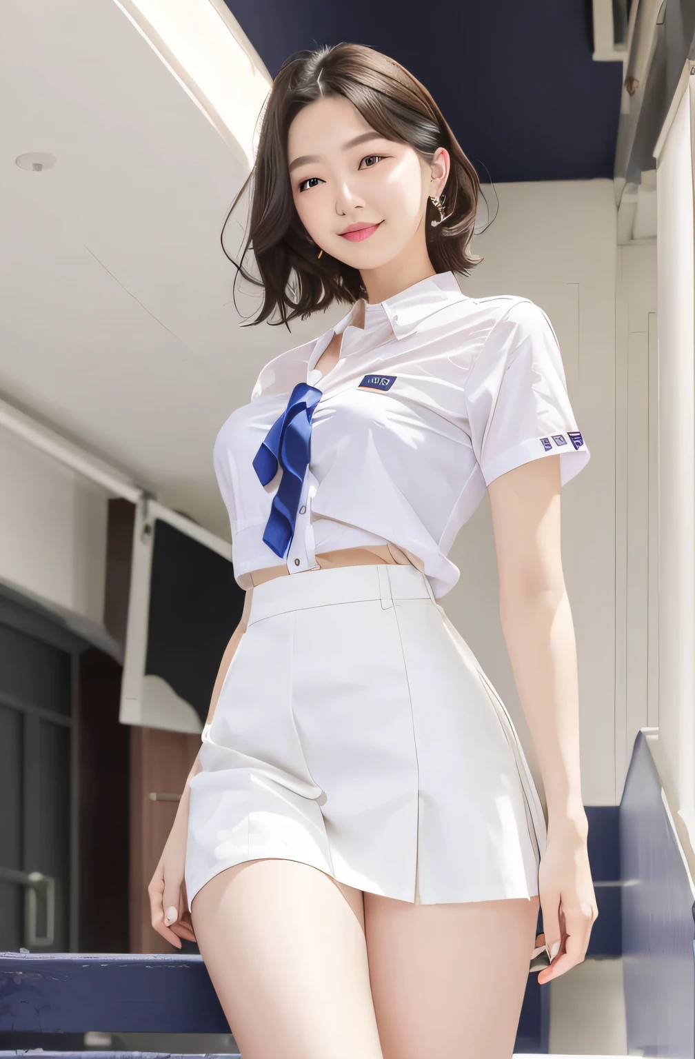 laughing、White shirt、Navy blue skirt、A dark-haired