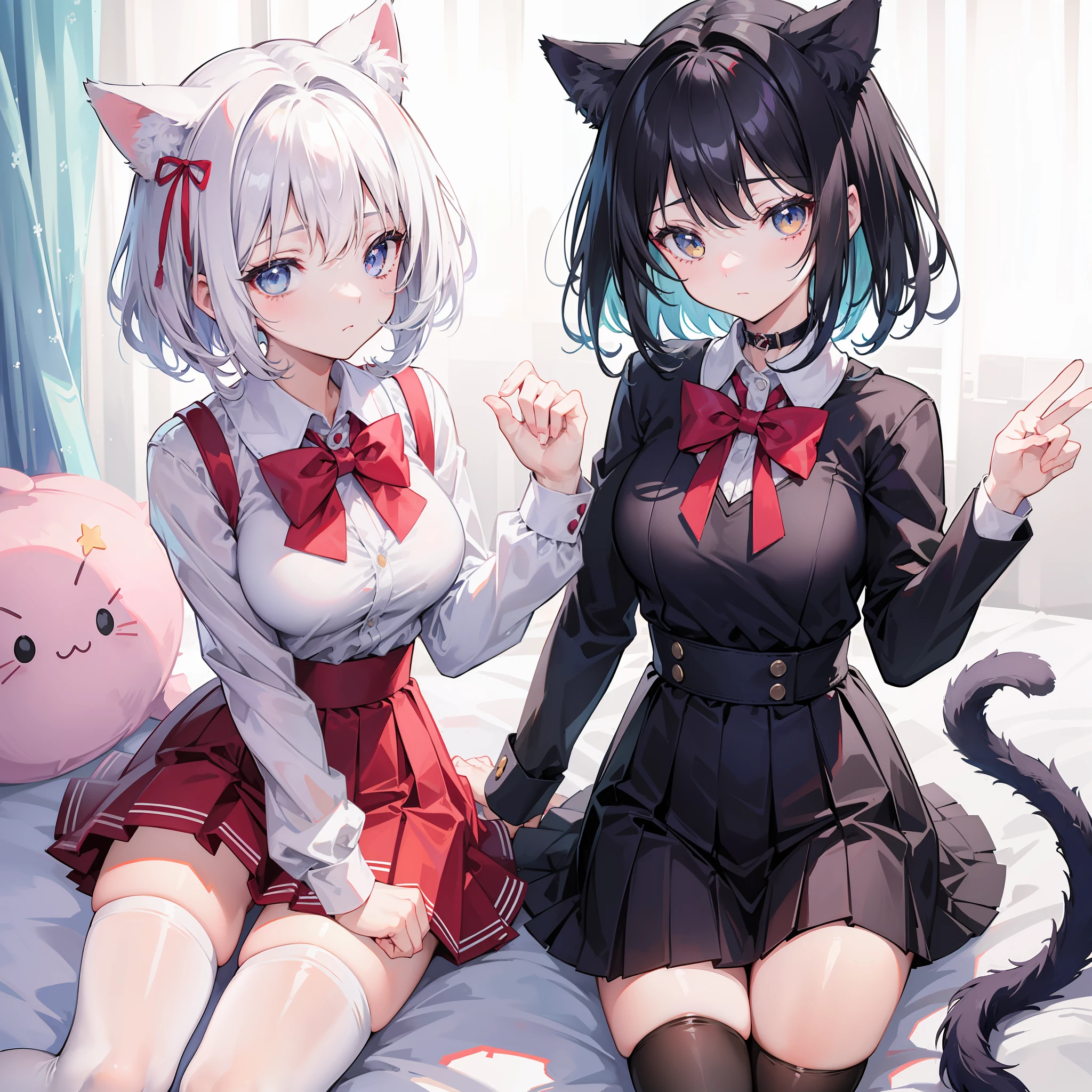 (Best quality),(Detailed), (2 girls),Kizi,a cat tail,There are cat ears on the top of the head,white thighhighs, short detailed hair,Medium breasts,JK school uniform