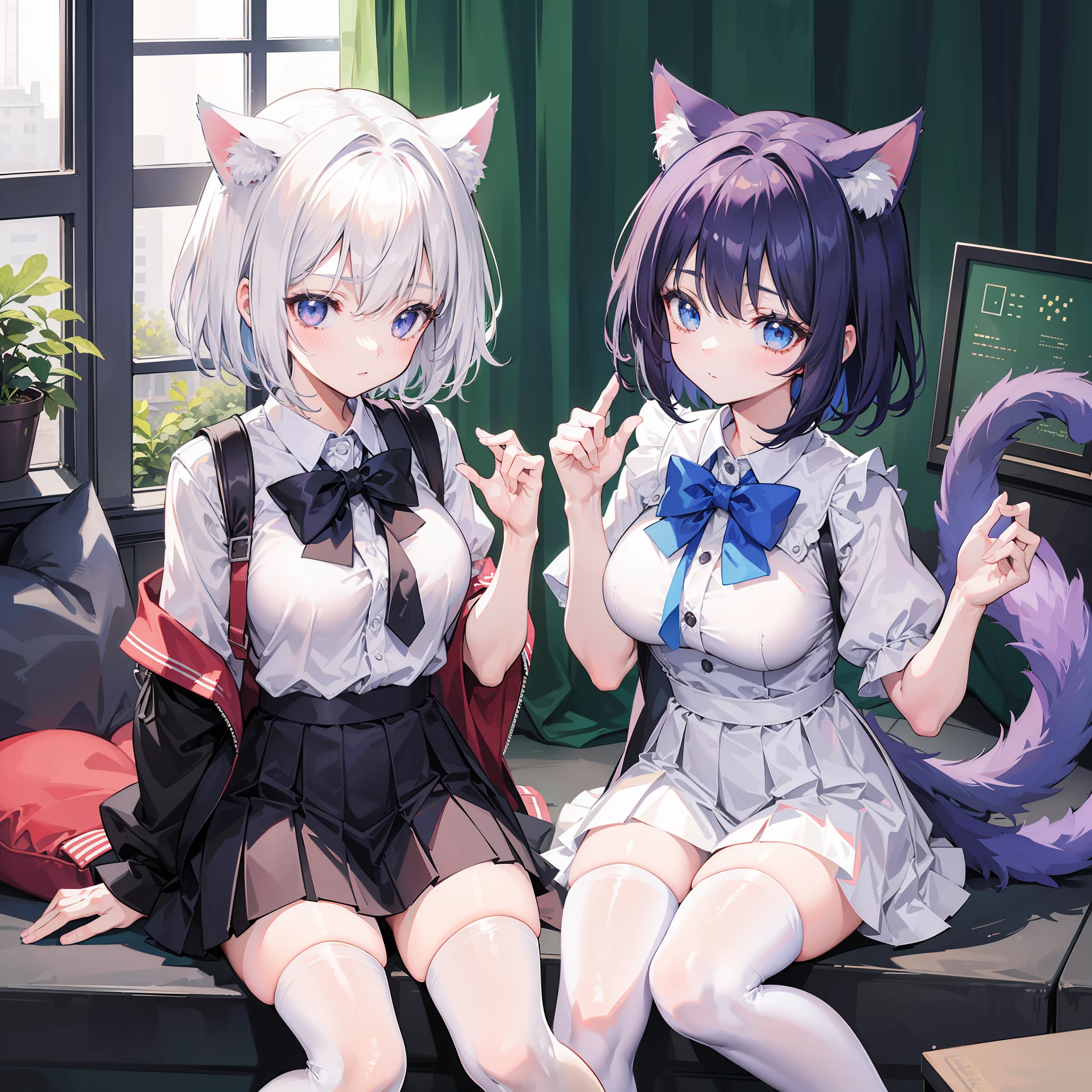 (Best quality),(Detailed), (2 girls),Kizi,a cat tail,There are cat ears on the top of the head,white thighhighs, short detailed hair,Medium breasts,JK school uniform,Look at each other