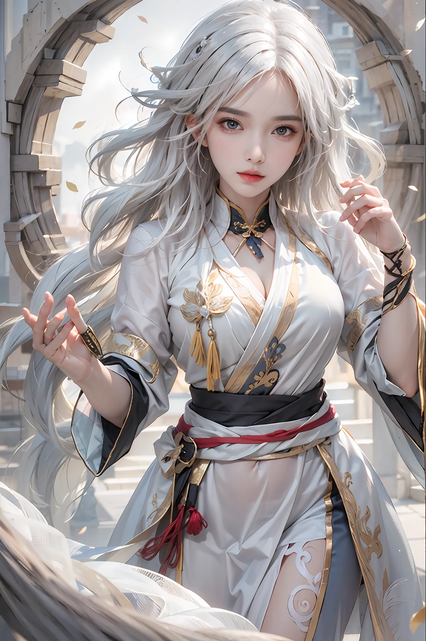 photorealistic, high resolution, 1women, solo, hips up, look at viewer, (detailed face), white hair, long hair, medium breasts, Taoist,Chinese immortal clothes
