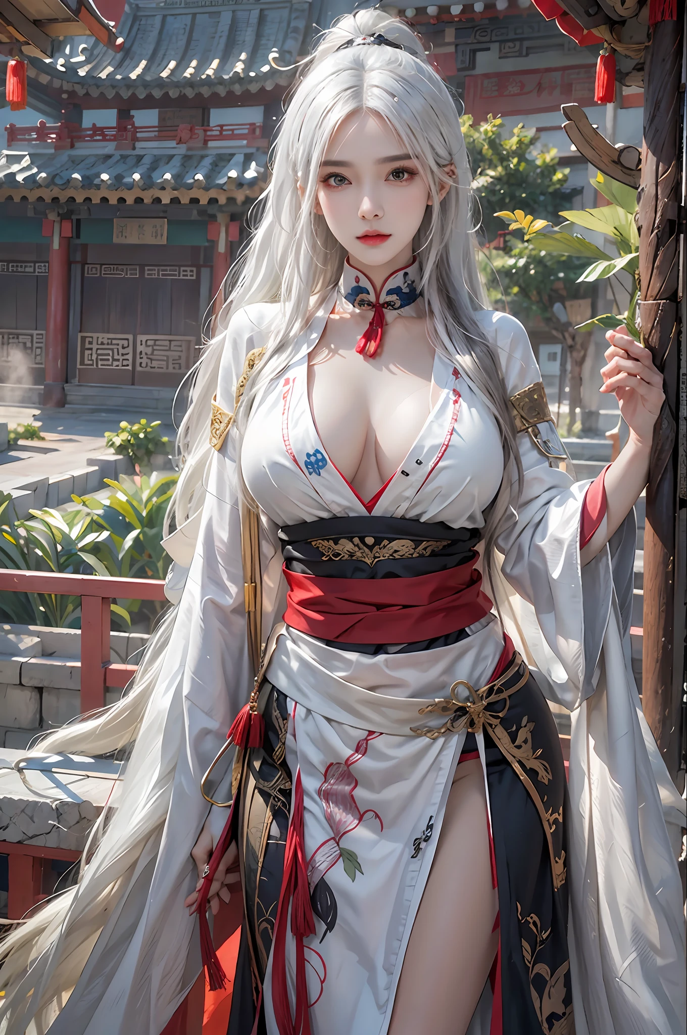 photorealistic, high resolution, 1women, solo, hips up, look at viewer, (detailed face), white hair, long hair, medium breasts, Taoist,Chinese immortal clothes