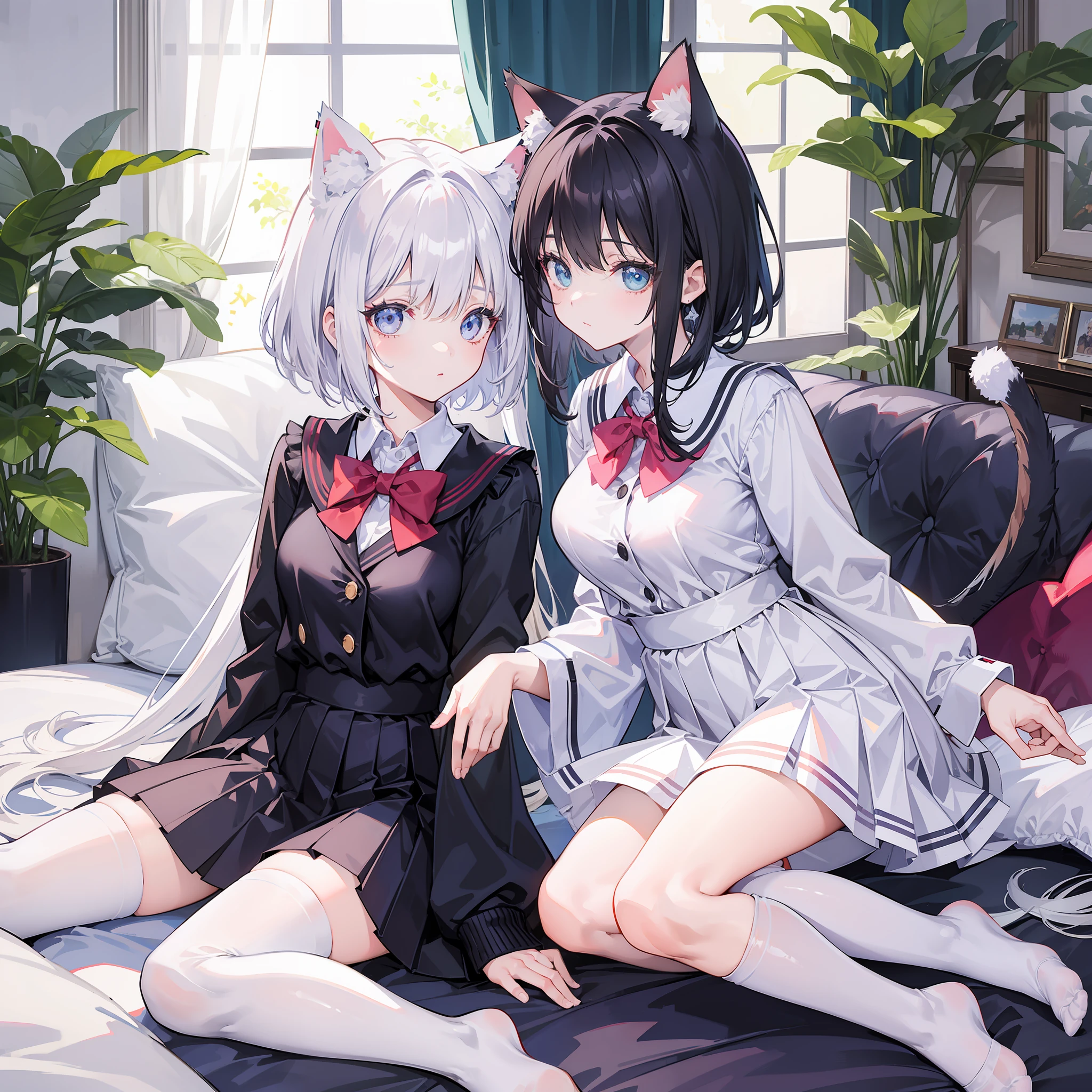 (Best quality),(Detailed), (2 girls),Kizi,a cat tail,There are cat ears on the top of the head,white thighhighs, short detailed hair,Medium breasts,JK school uniform,Look at each other