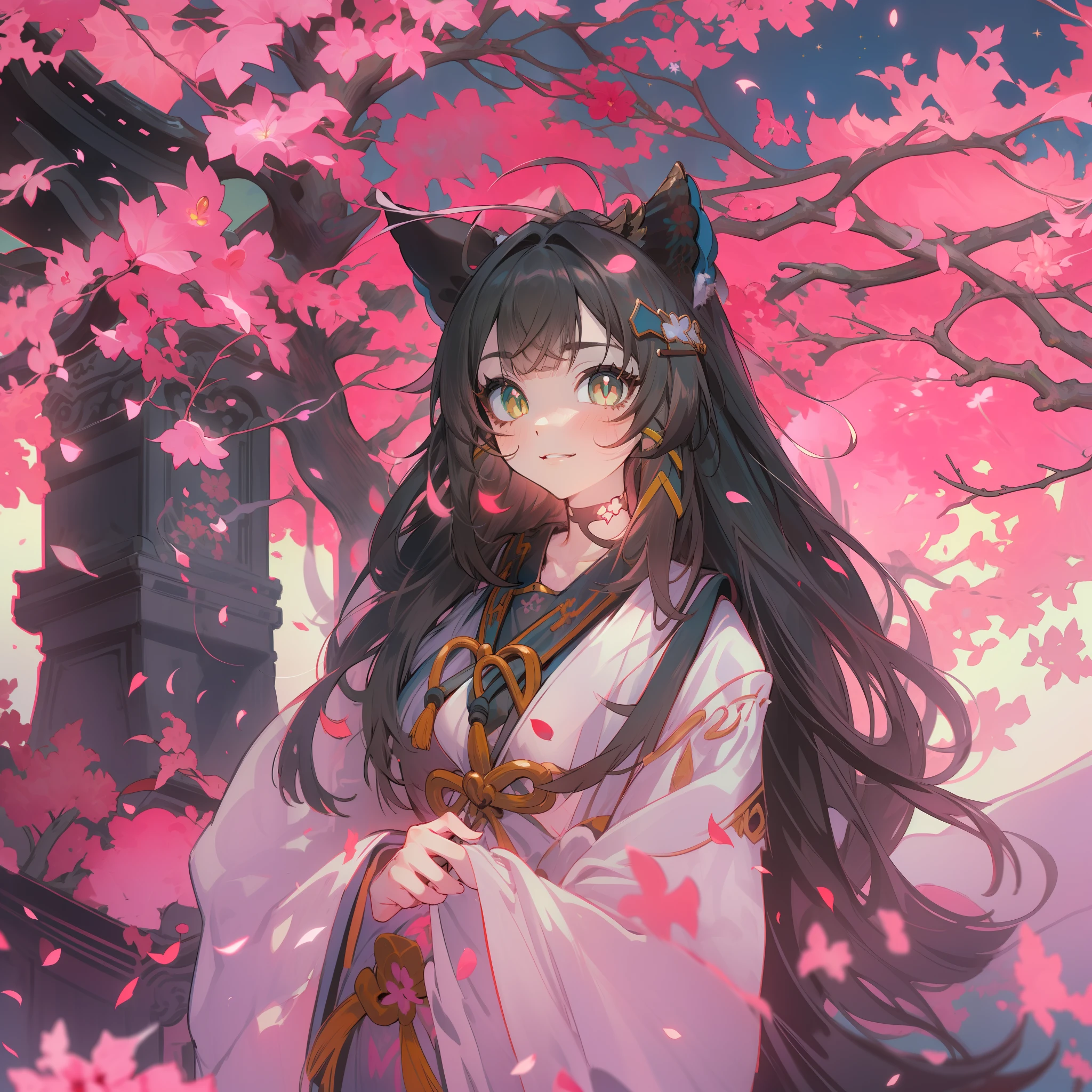 red color eyes，Bright red pupils，cabelos preto e longos，Japanese priestess costume, red kimono，white under lingerie，Dull hair，Big hazy eyes，Facial details are exquisite，Impeccable，Slightly rosy，8K, Masterpiece, 1 girl , nakeness，White body，Pink , Light pink lips, calm, Logical, Knife fan,Delicate face,dishiveredhair，Stunning anime face portrait，独奏，nigh sky，exteriors，themoon，As estrelas，Long dancing hair,starrysky，the night，Beautiful hair，Fantastic cherry blossom tree，Dream like ( Ambient lighting), Dreamy, Fantastic, (Solo: 1.2),  petals dancing,(detailed cat ears:1.3)，Black cat ears:1.1, (beautifully detailed hair:1.3), (Hollow black hair:1.3), Luscious waist-length hair, (multi-layered hair:1.5), (hair splayed out:1.2), beautiful-detailed facial structure, Detailed beautiful face:1.3, Sexy face, A grim face, slender facial structure, (Detailed face:1.33), Big eyes, (Detailed glowing eyes:1.1), luminous red eyes, (Detailed facial expressions:1.1), Shy, Facial smile，detailed-slight red blush, (detailed boobs:1.2), Large size chest, (Slim waist:1.1), (Slim legs:1.1), Stand up full body diagram，(Firefly: 1. 2), Lamp 3), Starry sky, Torii gate,water puddles