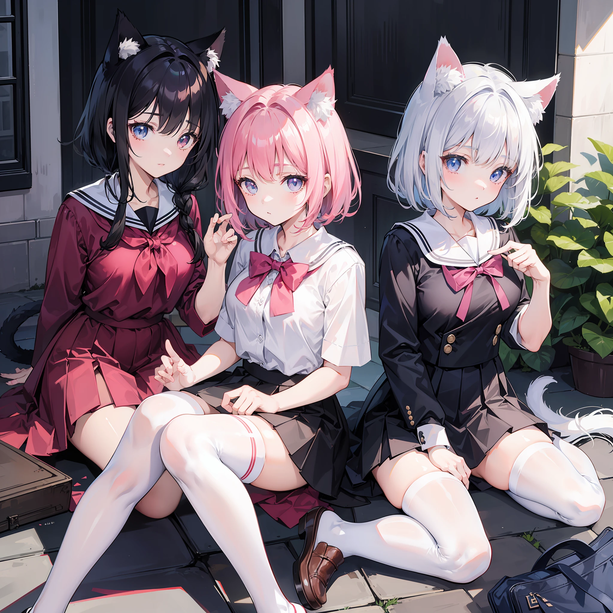 (Best quality),(Detailed), (2 girls),Kizi,a cat tail,There are cat ears on the top of the head,white thighhighs, short detailed hair,Medium breasts,JK school uniform,Look at each other