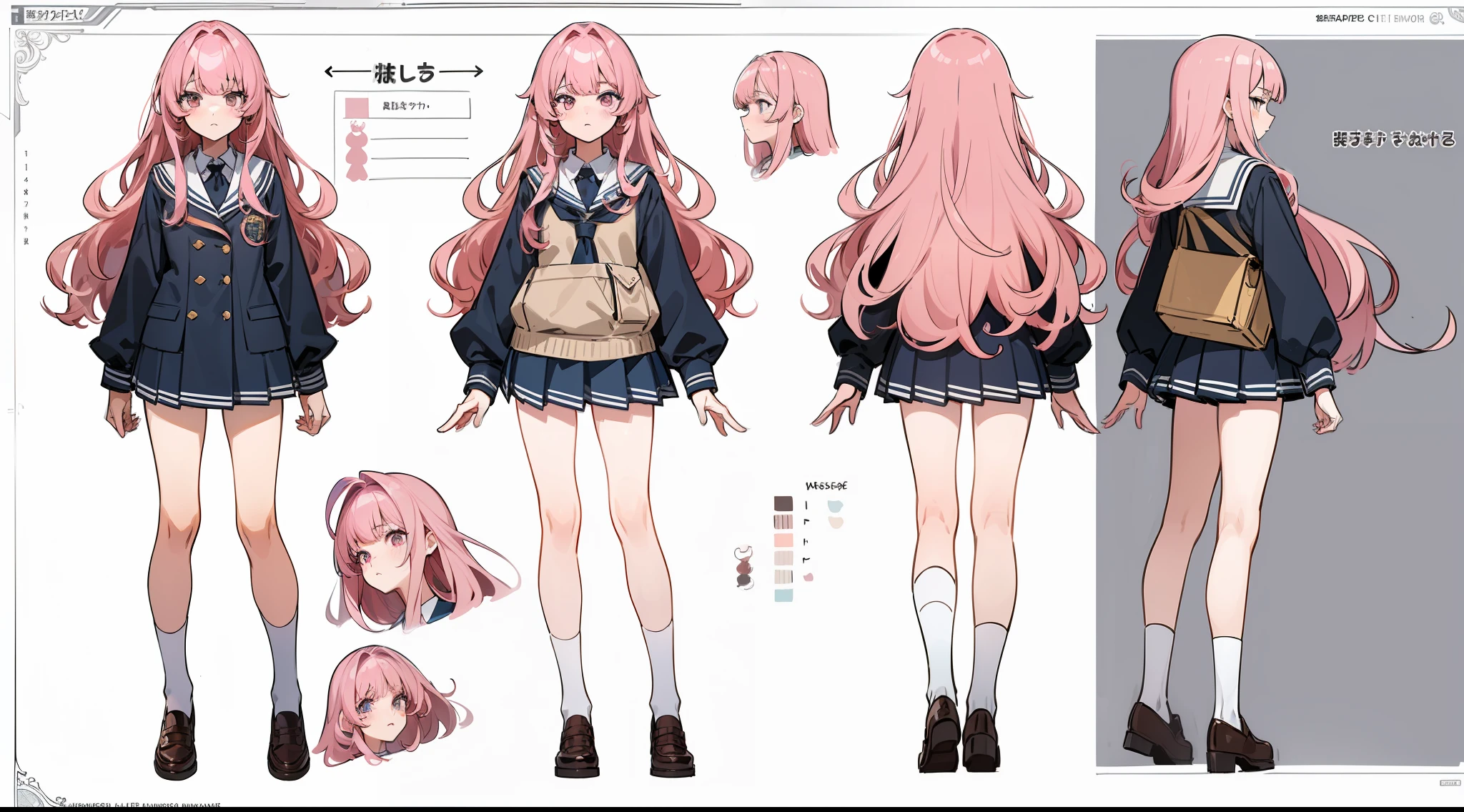 (Masterpiece, highest quality)), detailed face, character sheet, Full body, full of details, multiple poses and expressions, highly detailed, depth, many parts, 1girl, school uniform, long sleeves, pink hair, wavy hair, long hair, blunt bangs, tsundere