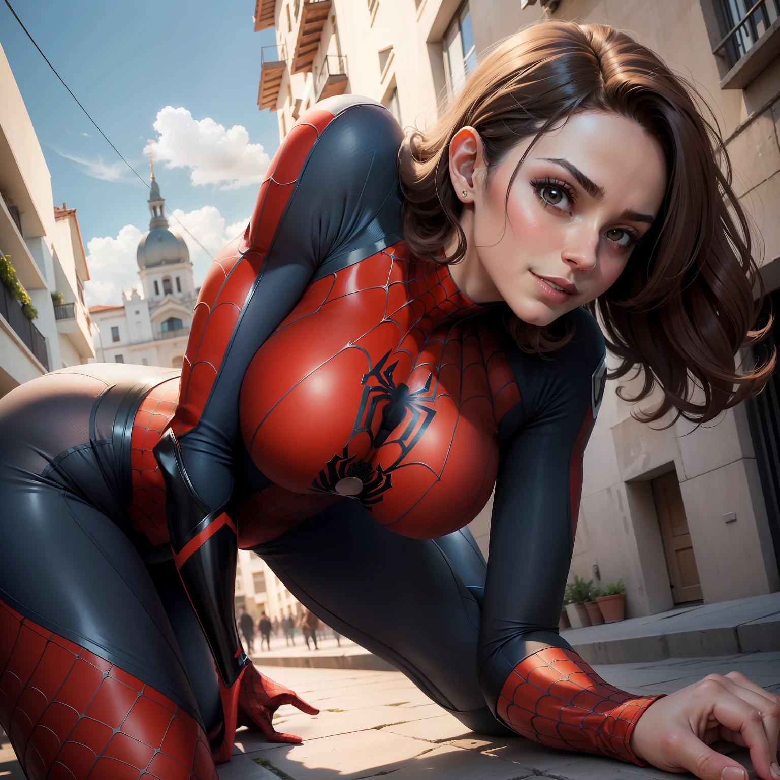 Foto cruda, mujer hermosa, detailed Spider-Man's cosplay-outlined body, senos muy grandes, tetas grandes
Una obra maestra,4k,hiperdetallado,hermosa una mujer,Uniforme de Spider-Man,smiled,Rasgos faciales exquisitos,con el pelo corto,Ponerse en cuclillas en el techo de un edificio alto