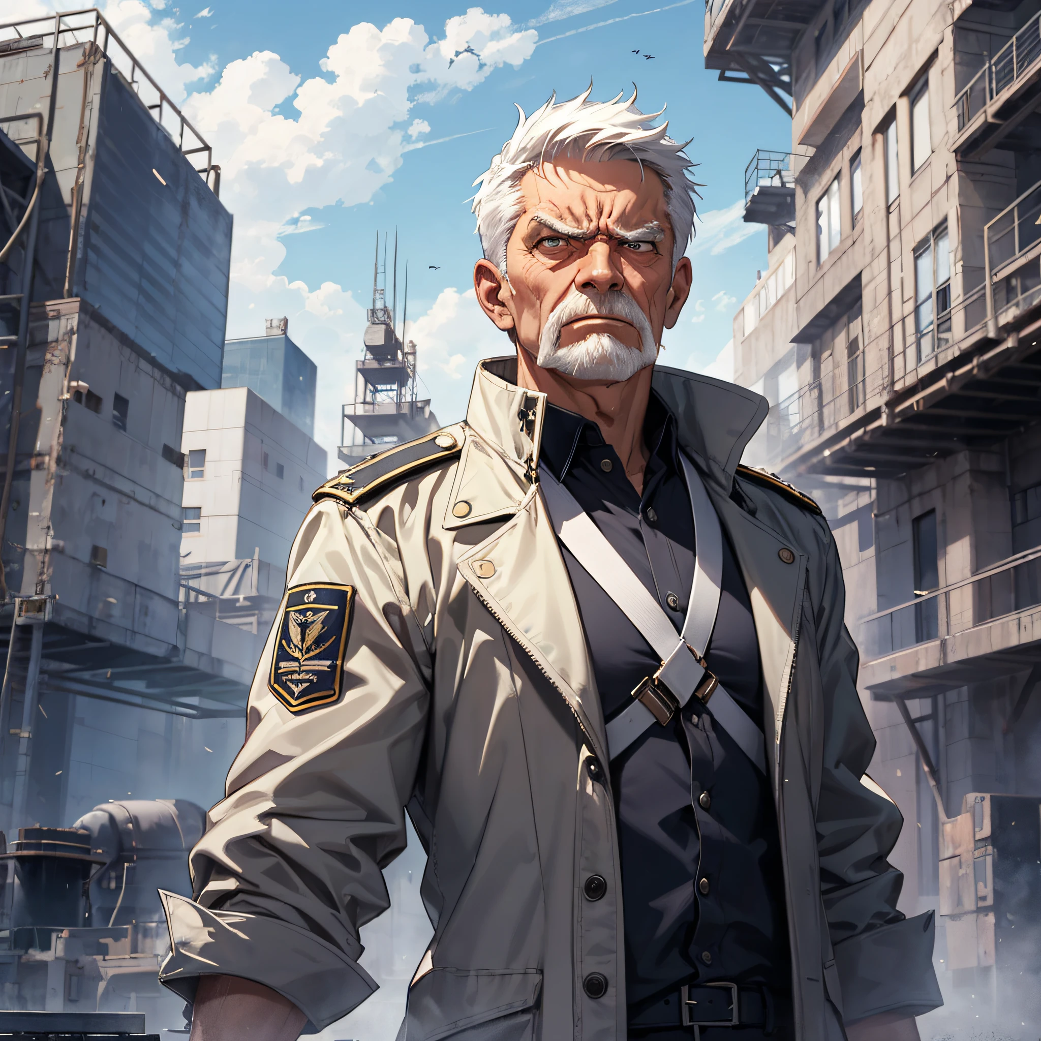 1 old man with short white hair dressed as a commander，Angry expressions（1.2），In the background is a large scientific observatory，There are a lot of big screens