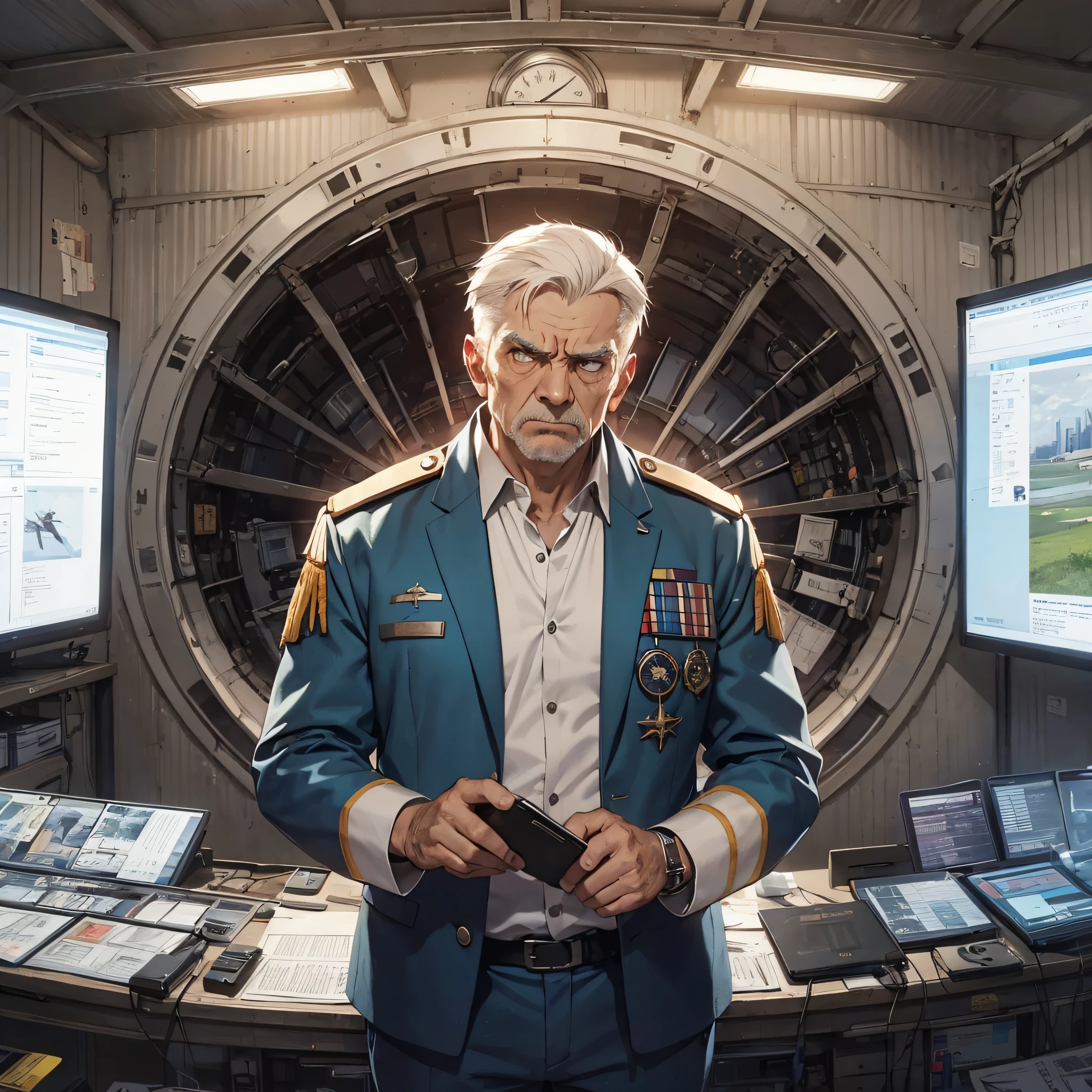 1 old man with short white hair dressed as a commander,Angry expressions(1.2),In the background is a large scientific observatory,There are a lot of big screens
