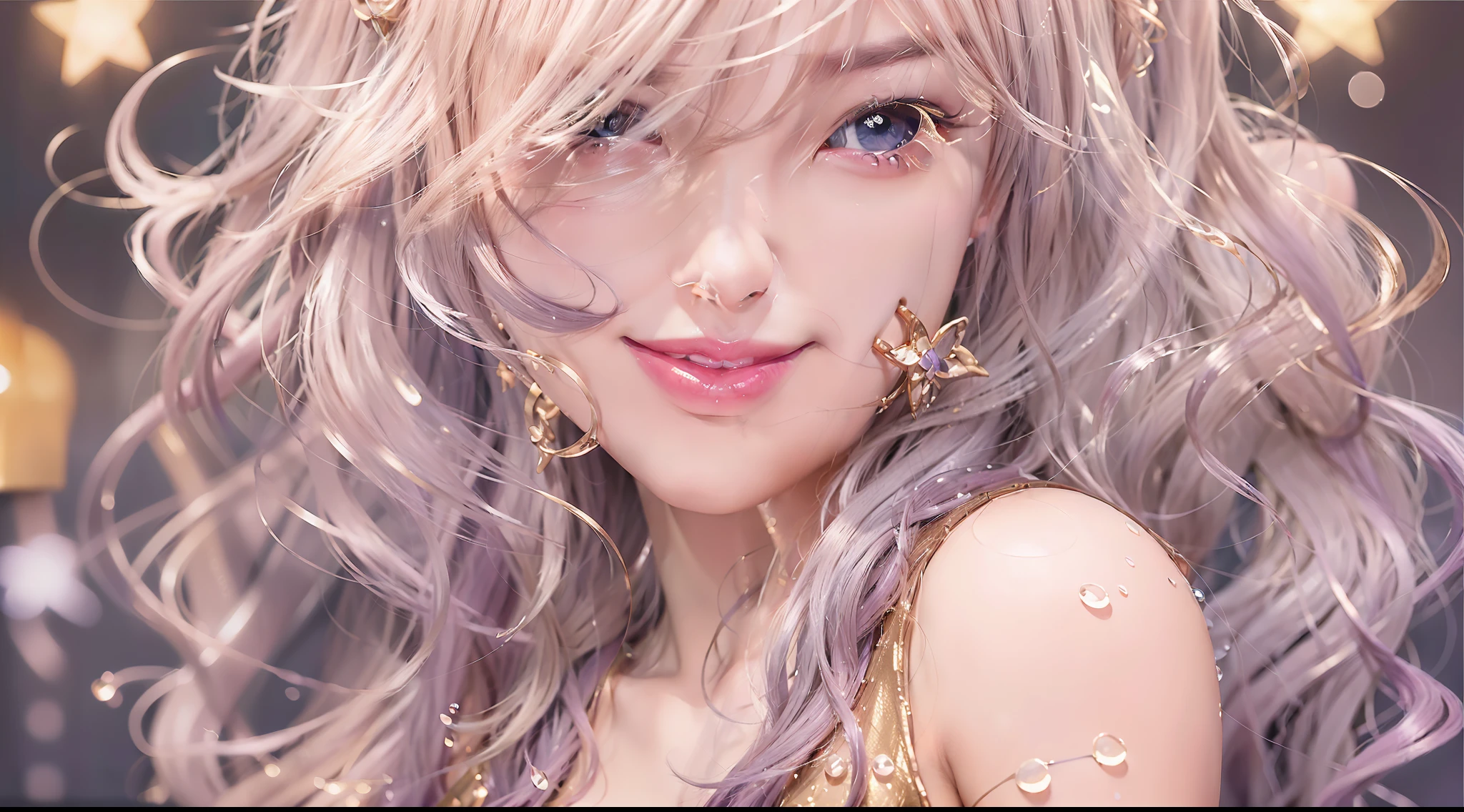 8k high quality wallpaper,Delicate droplets,A girl,Pool,cropped shoulders,Molded characteristic sense standing posture,full bodyesbian,Blurred,Cleavage is seductive,Extinction。The clothes are fitted with gold edges,Star-shaped purple pupils,Long wavy pink hair,The details were perfect,Elegant smile,Curled lips,Reflective art details