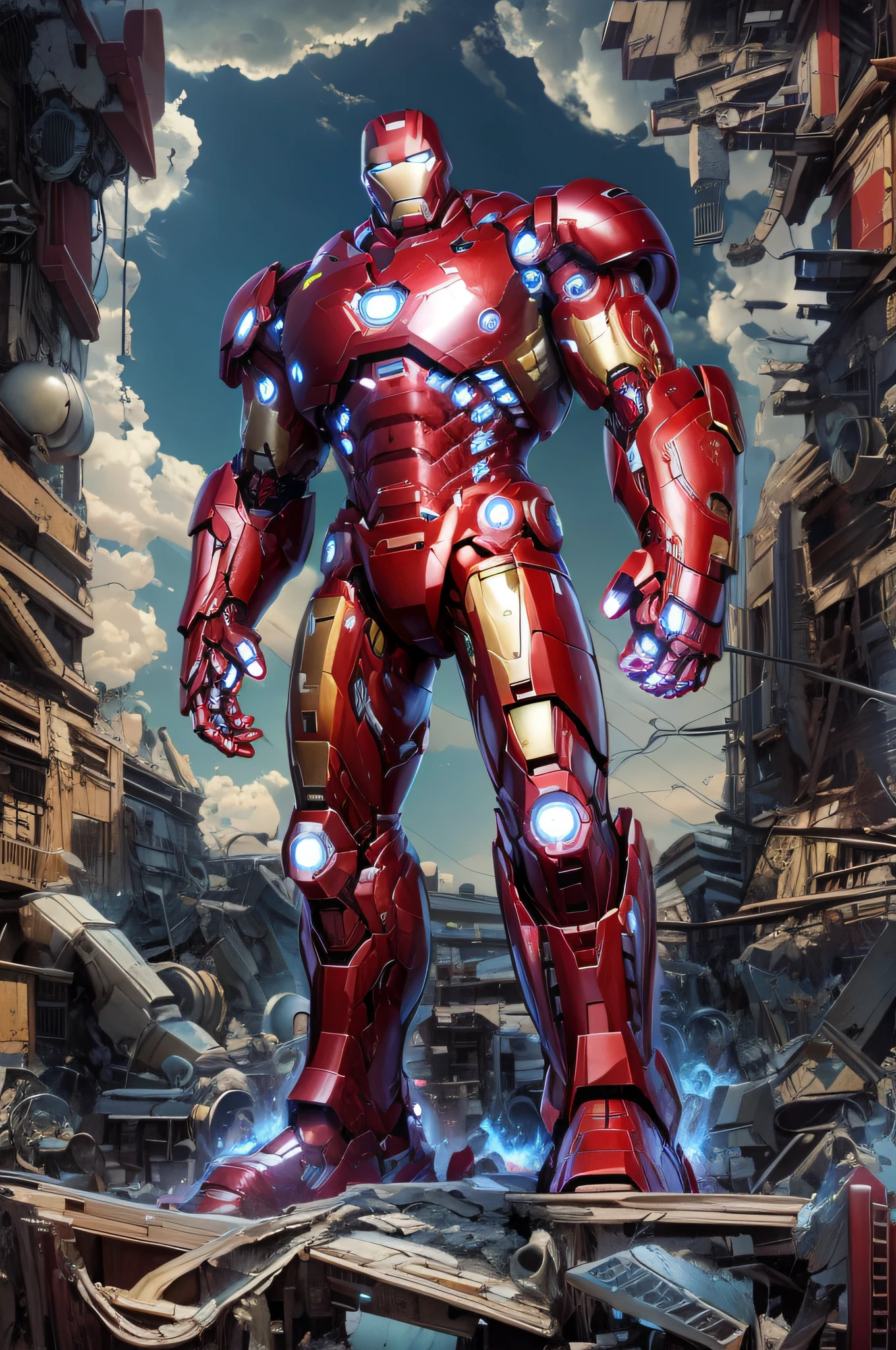 hyper HD, Masterpiece, Anatomically correct, ccurate, Textured skin, Super detail, High quality, High details, Award-Awarded, Best quality, A high resolution，Iron Man stands on the ruins of destruction,