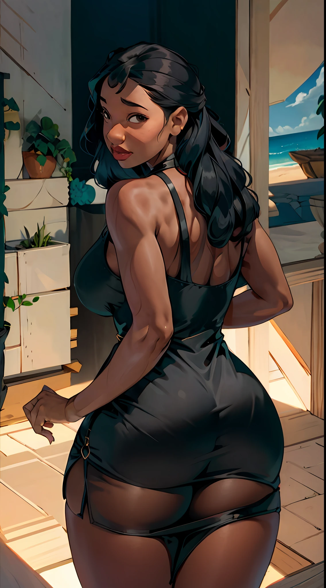 girl is Nani pelekai (naniwaifu), taut blackdress, curvy-muscular