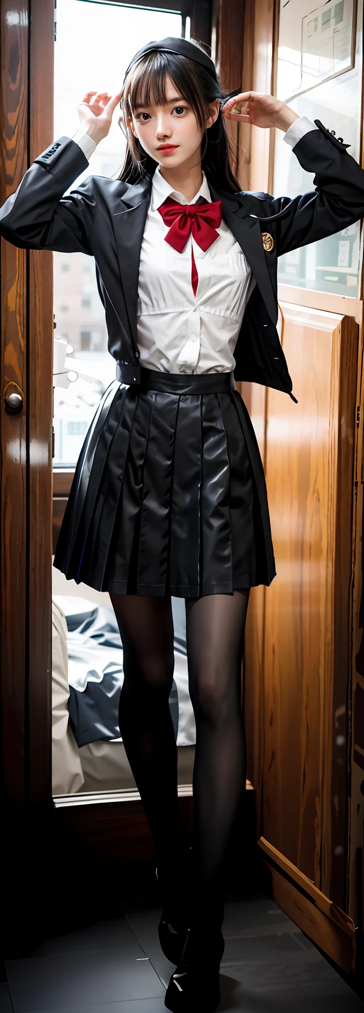 there is a woman in a skirt and a jacket posing for a picture, wearing skirt and high socks, thighhighs and skirt, wearing dresses, girl in uniform, Black skirt, Wearing a skirt, Miniskirt, Short black skirt, seifuku, dressed as schoolgirl, wearing headmistress uniform, Short skirt, wearing jacket and skirt, knees tucked in