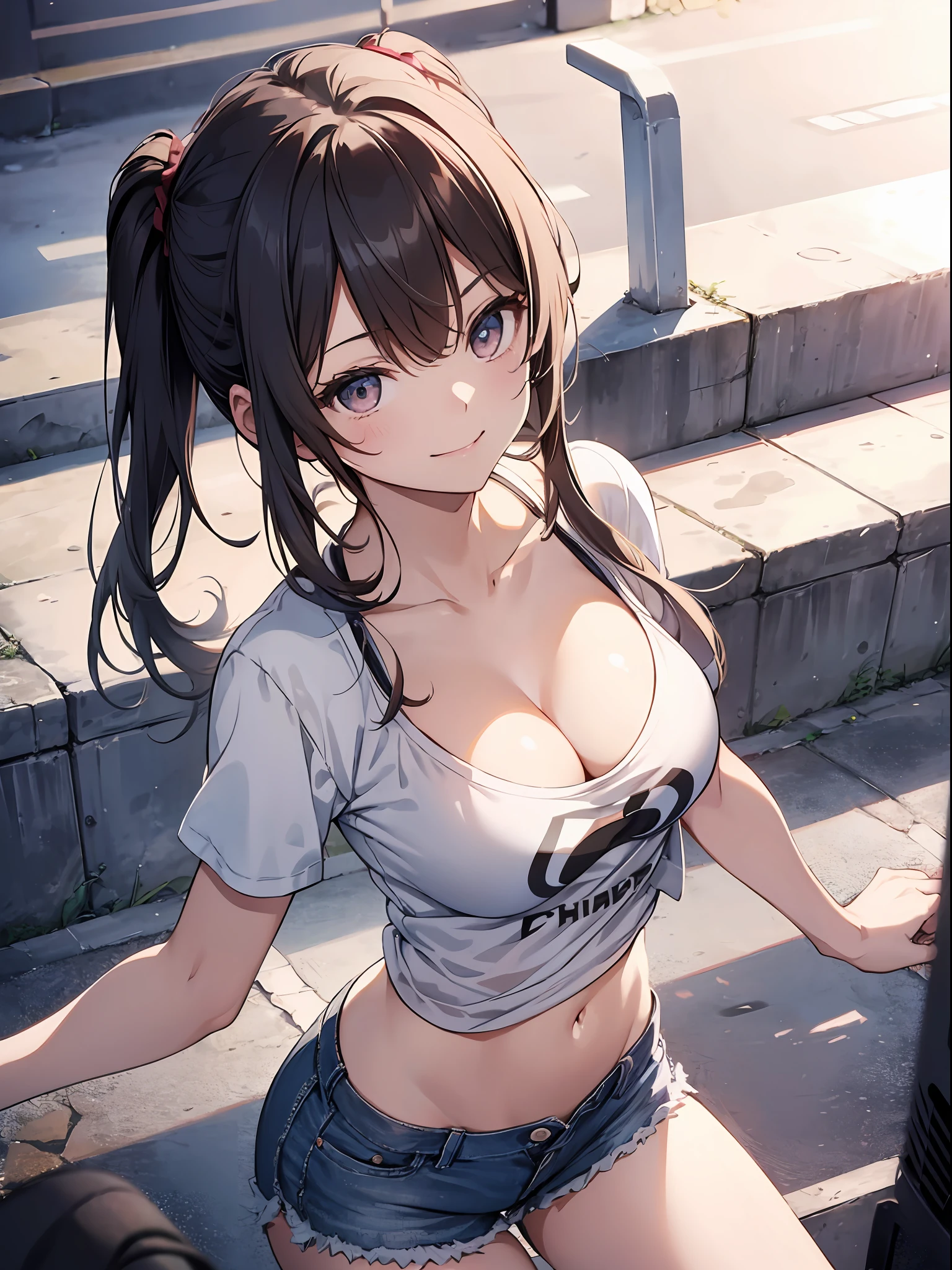 1 girl,a smile、Mouth open、tshirts,hotpants,poneyTail,bending forward、cleavage of the breast,From  above,pov、entranceway、Intricate details, Hyper realistic, Perfect Anatomy