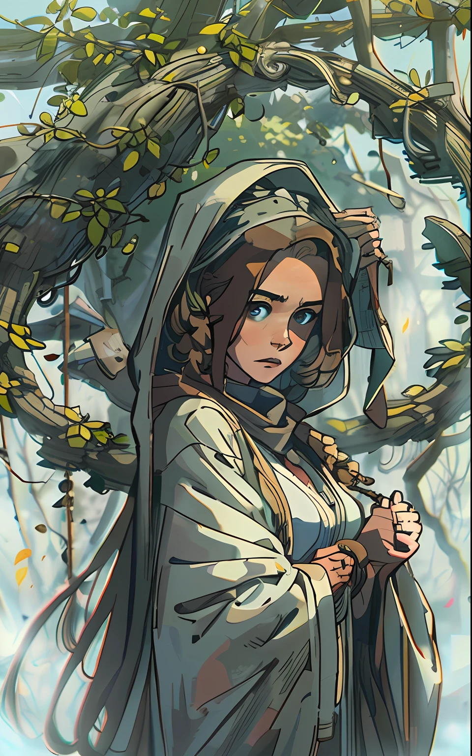 独奏. In the foreground: A girl of thirty years old sits on a throne, in a long cloak, long dark hair, looks at the stones hanging in the air, There is a bridge in the background, an intricate, Pattern, Realistic fantasy, 7K,A hyper-realistic, hyper-detailing, analog style, The wind whirls the leaves, The leaves are twisted into a spiral, The leaves fall off, , humble, An old cloak, detailed skin, Matte skin, soft-lighting, sub-surface Scattering, Realistic, Heavy shadow, Masterpiece, Best Quality, ultra realistis, 8K, the golden ratio, Intricate, high detail, Film photography, soft focus, Lonely girl in a raincoat with a hood on her head, An old scarf, wrapped around the head, Detailed appearance, Четкость 8 K, A huge loose rope weighs in front, In his hands, He's holding a huge rope, A whirlwind of leaves beneath your feet, BREAK , Illustrate a monochromatic world with the addition of green, Use only shades of black, White & gris, To convey depth, Emotions and striking visual impact. Landscapes."street fighter", in the style of 0MIB, many people, slums