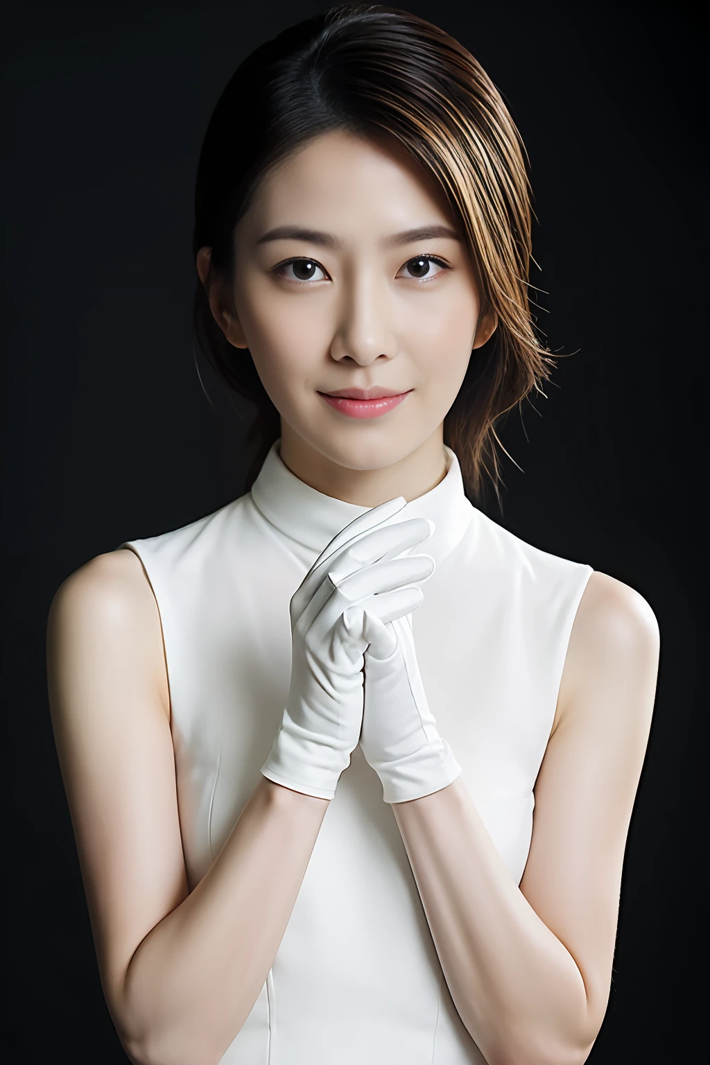 (top-quality、超A high resolution:1.2) (Glossy、Leather sleeveless dress:1.1)(White Gloves) Event Venues、Photos of beautiful Japan women
