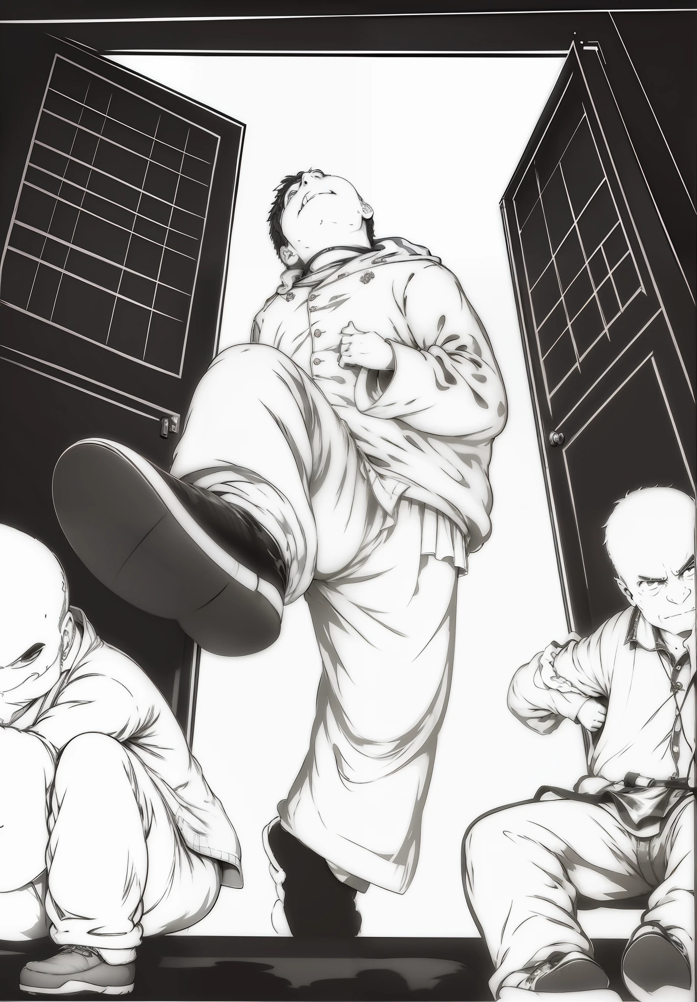A man walked in the door,With an expression of pride and contentment,The two men sitting by the door both looked at the man in the middle,expression surprised