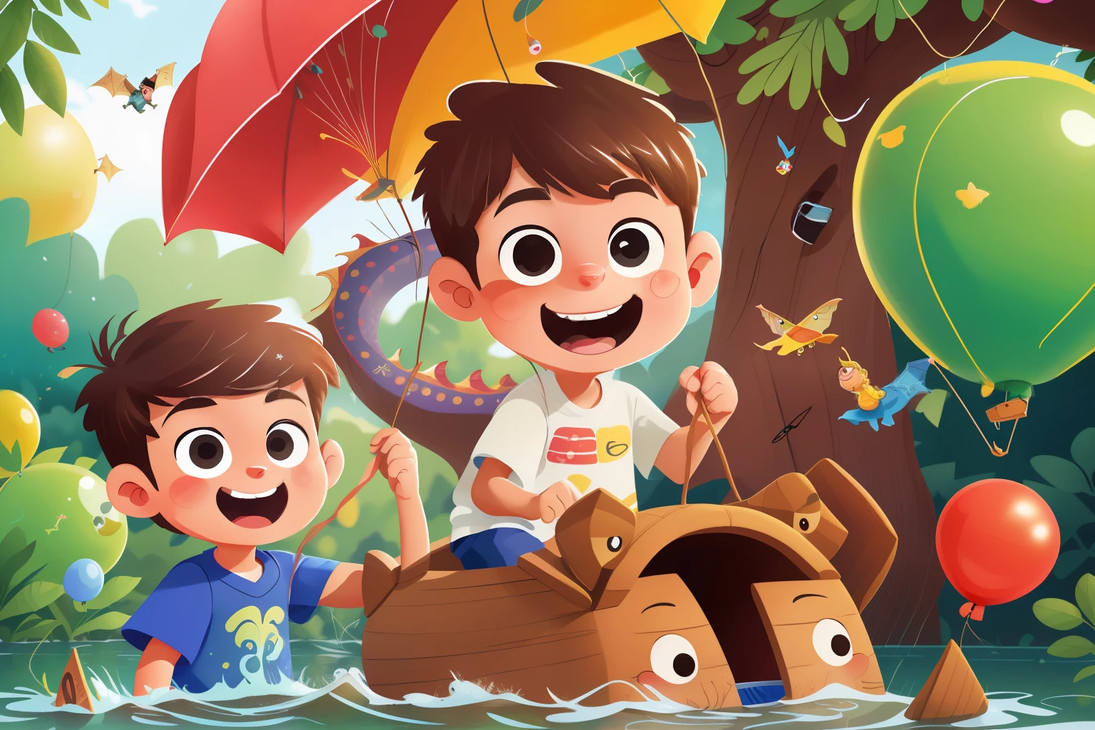 UHD,(High definition resolution:1.2),Skin luster,(Best quality:1.1),(masterpiece),(best quality),smile,(beautiful detailed face),(beautiful detailed eyes),8K,Around the flying colorful balloons,((Two boys are playing)),Peripheral small animals,outside,lovable,dragon boat,