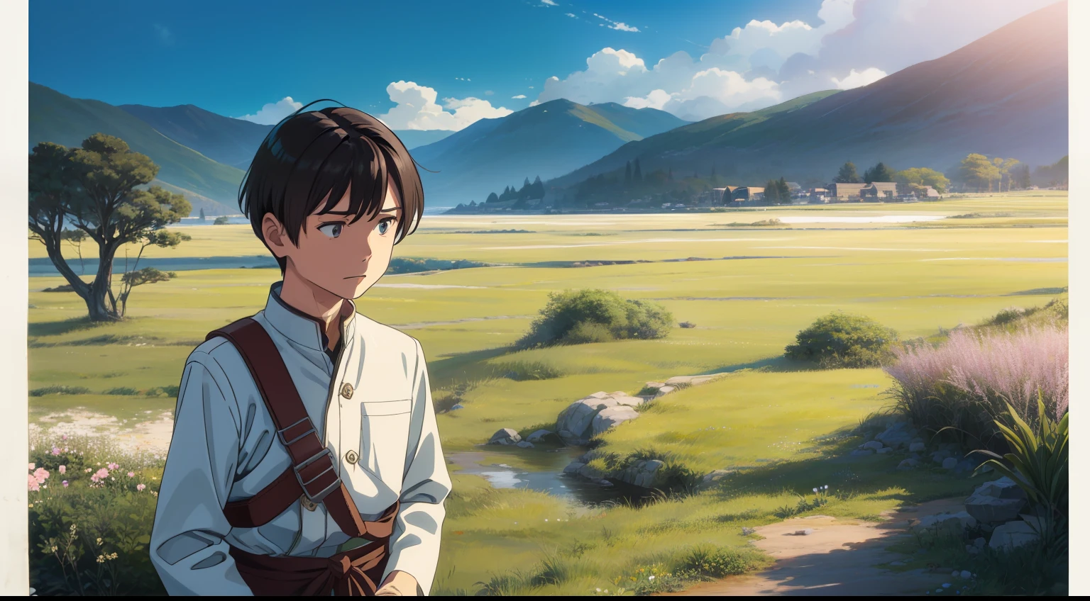 30s of the last century、A seven-year-old boy、brunette color hair、short detailed hair、exteriors:inattentive、Be aware of、Barren grass、White flower flower thing