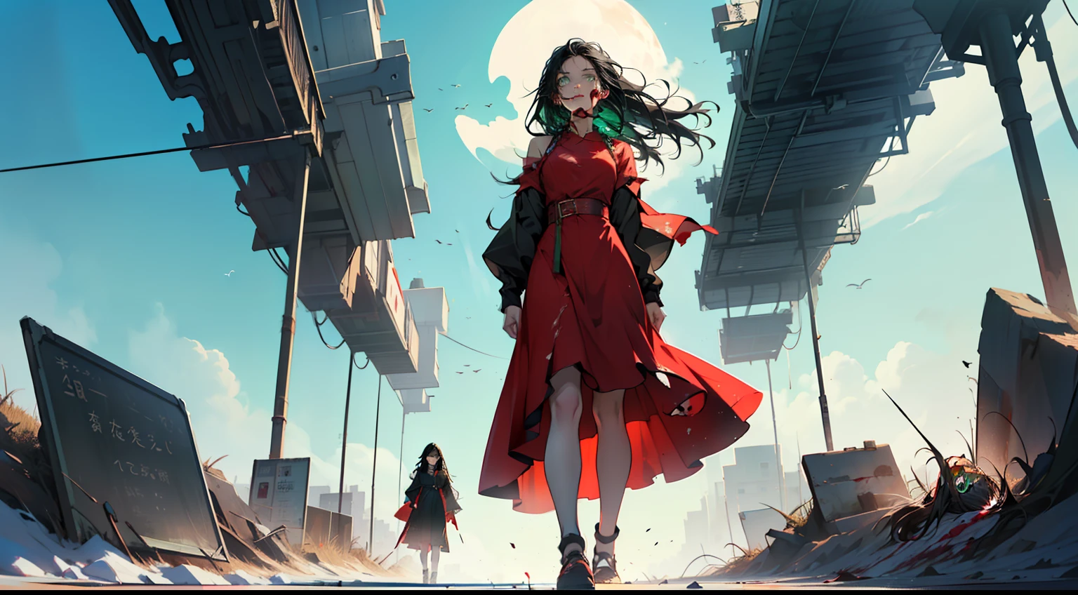 Kizi, ((Green eyes)), ((Long black hair),Red dress with white gauze, Young woman,Head down，His face turned pale，The expression is grim，terroral，Full body like，Faraway view，bleeding from the corners of her mouth，Orbital hemorrhage(Background with：In the sky，10,000 meters in the air，)